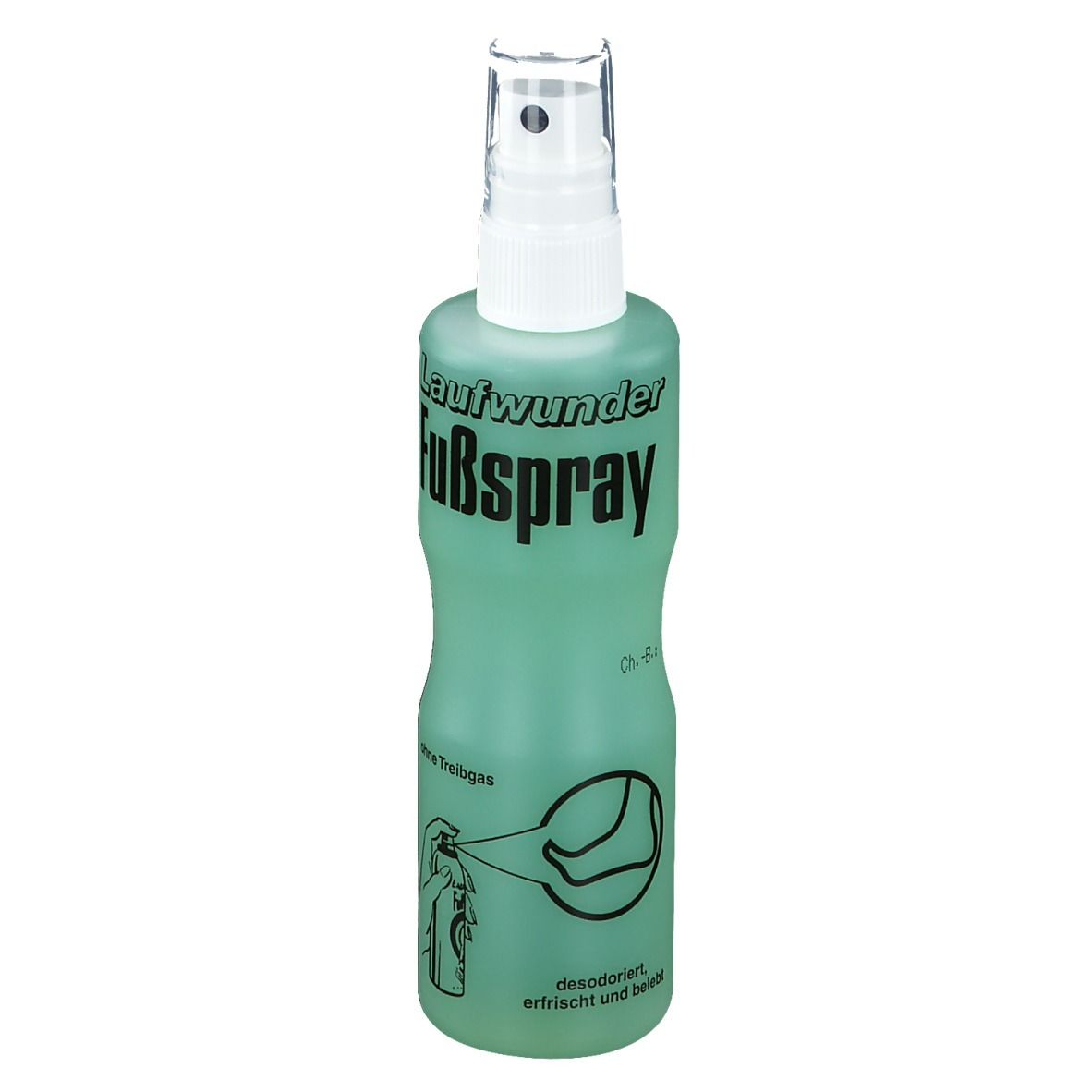 Grüne Sprühflasche mit weißem Sprühkopf. Aufschrift: Fußspray. Auf der Flasche ist eine Illustration abgebildet.