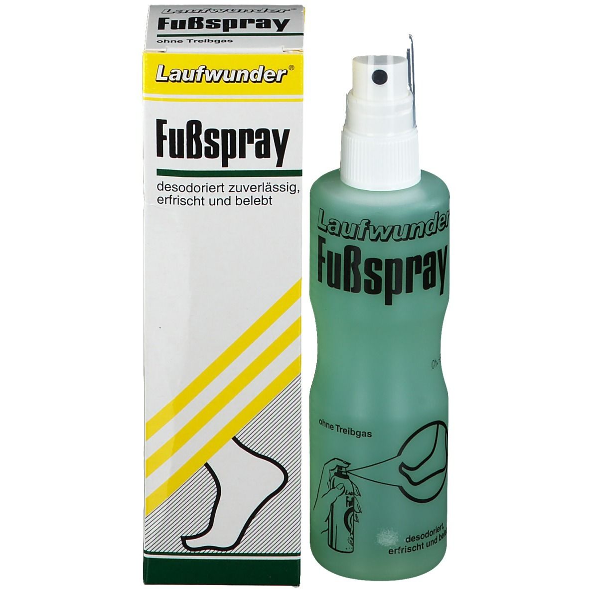 Grüne Sprühflasche mit weißem Sprühkopf und Karton. Aufschrift: Fußspray. Karton mit Produktinformationen und Fuß-Illustration.