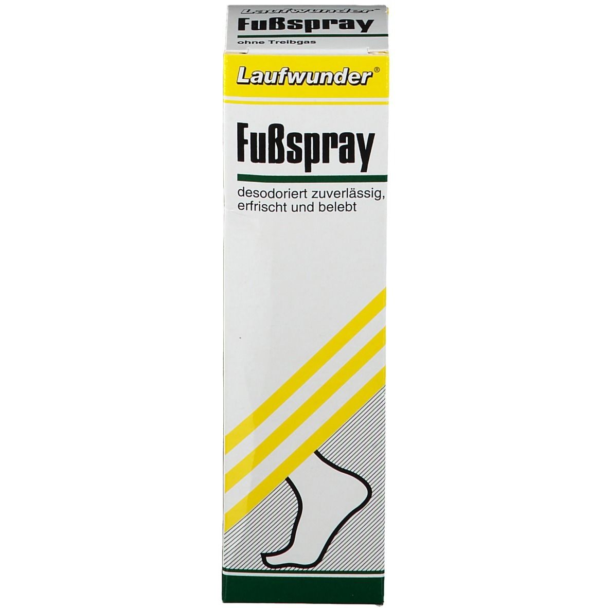 Karton mit Aufschrift: Fußspray. Gelbe Streifen und Fuß-Illustration. Produktinformationen.