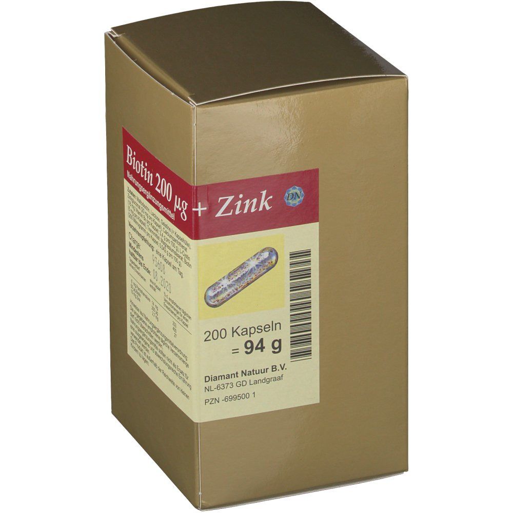 Braune Schachtel mit Etikett. Auf dem Etikett steht "Biotin 200 µg + Zink" und eine Abbildung einer Kapsel. 200 Kapseln = 94 g.
