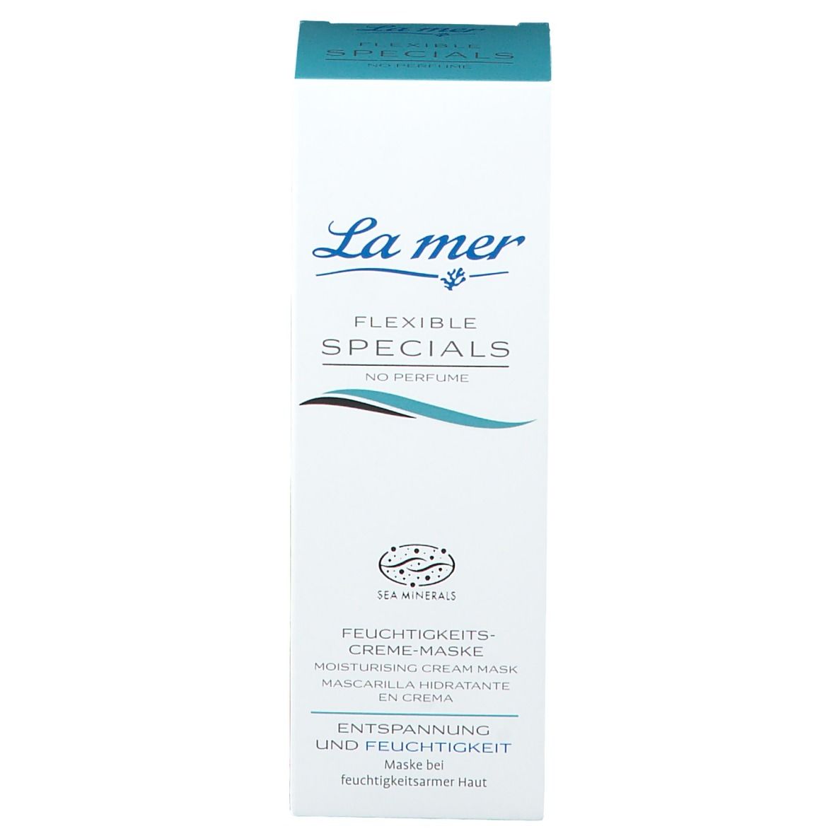 Kartonverpackung. La mer FLEXIBLE SPECIALS. Feuchtigkeits-Creme-Maske. Mit blauem Deckel und Schriftzug.