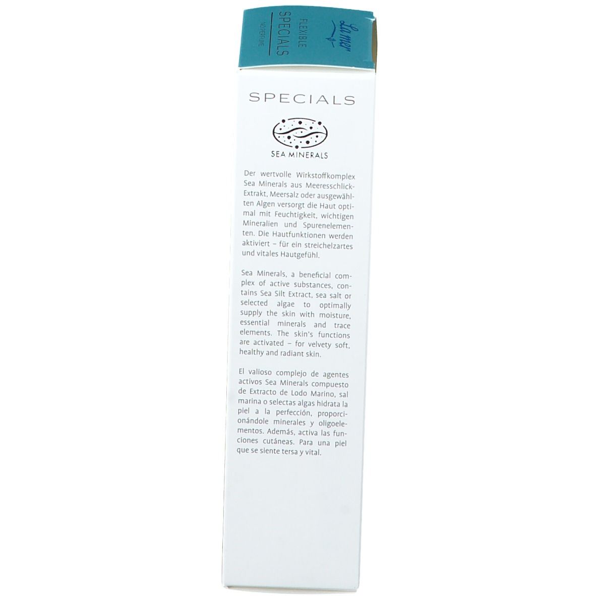 Kartonverpackung. Text in Deutsch, Englisch und Spanisch. Enthält Informationen zum Produkt und Inhaltsstoffen.