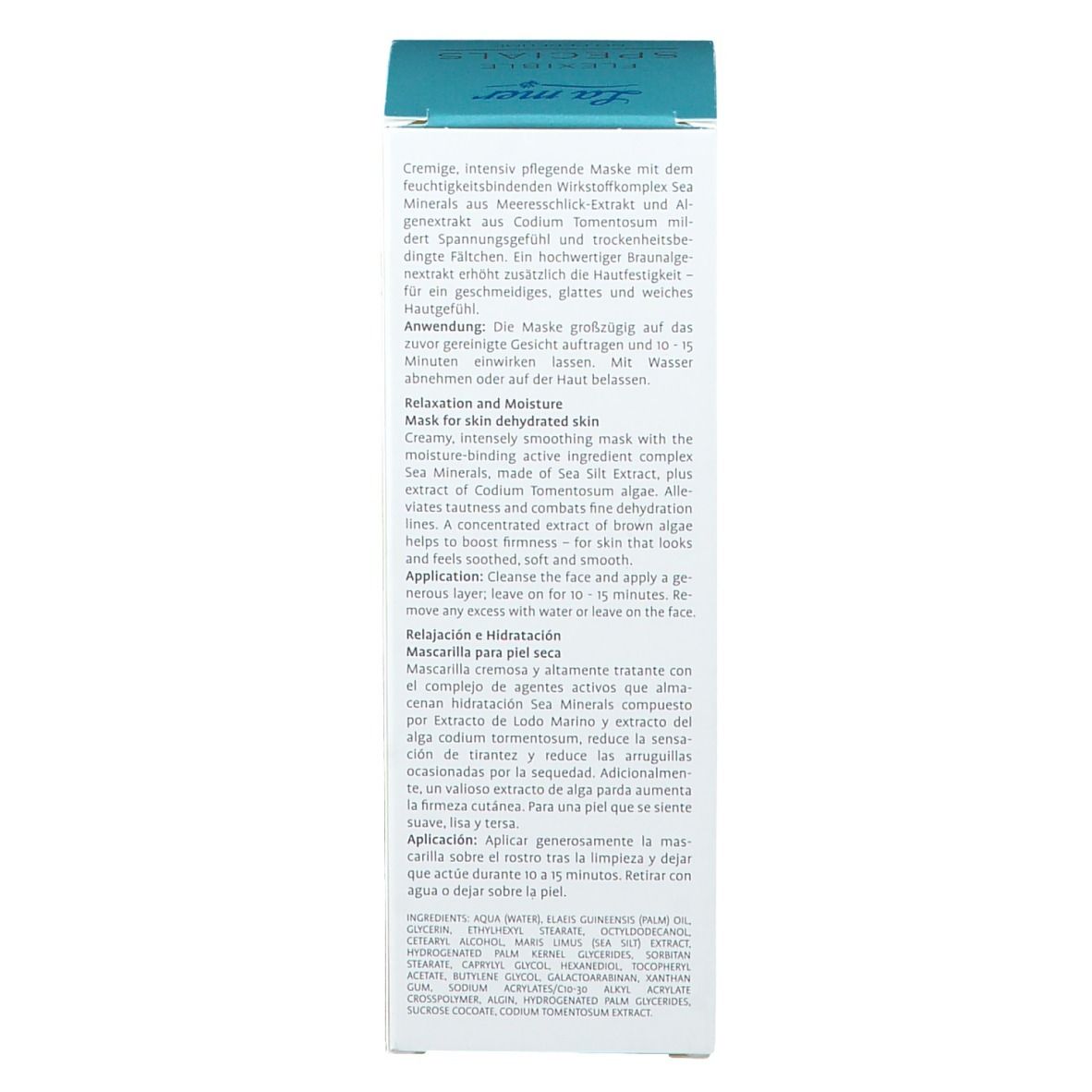 Rückseite der Kartonverpackung. Text in Deutsch, Englisch und Spanisch. Enthält Informationen zum Produkt und Inhaltsstoffen.