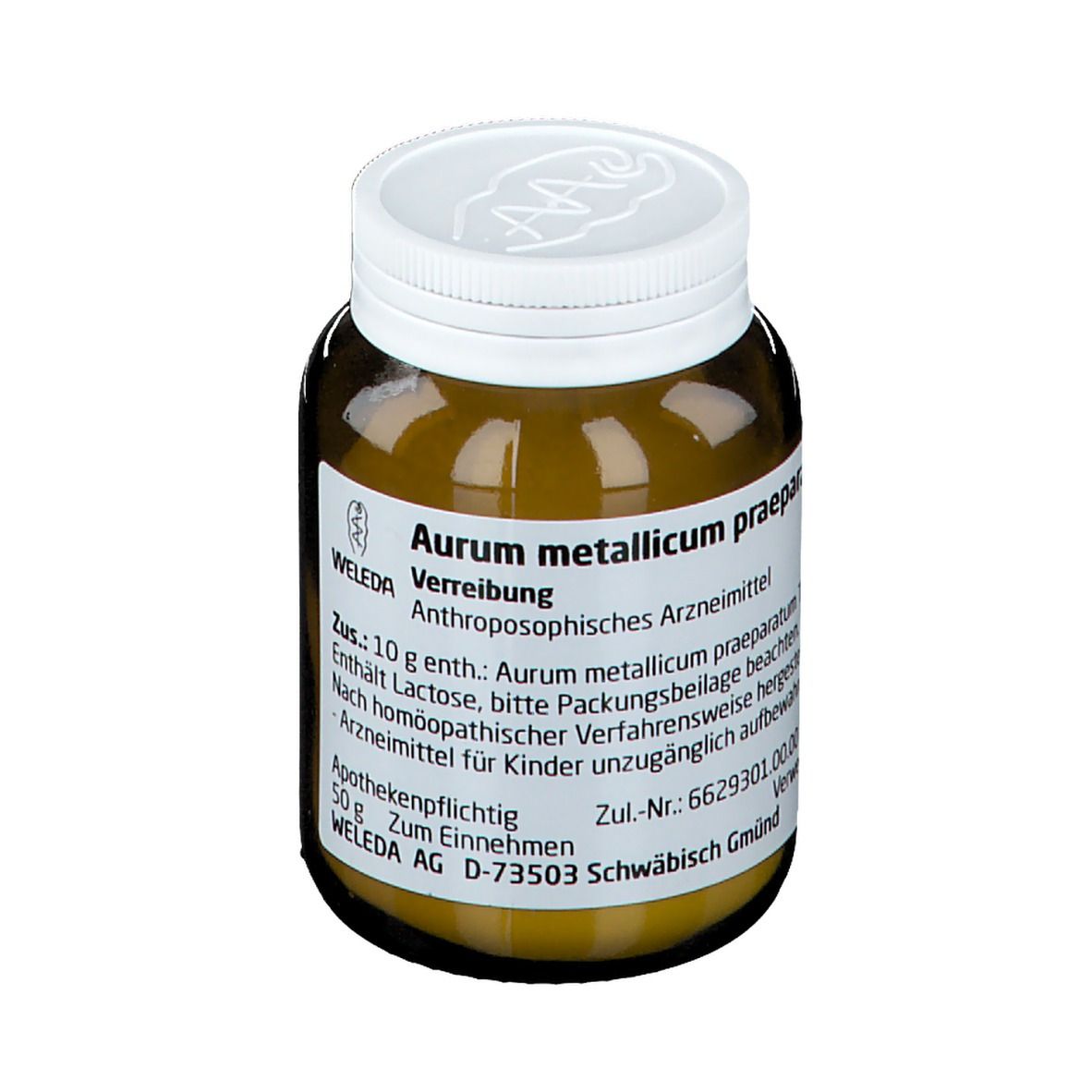 Braune Glasflasche mit weißem Deckel. Etikett mit Produktinformationen. Aufschrift: Aurum metallicum praeparatum.