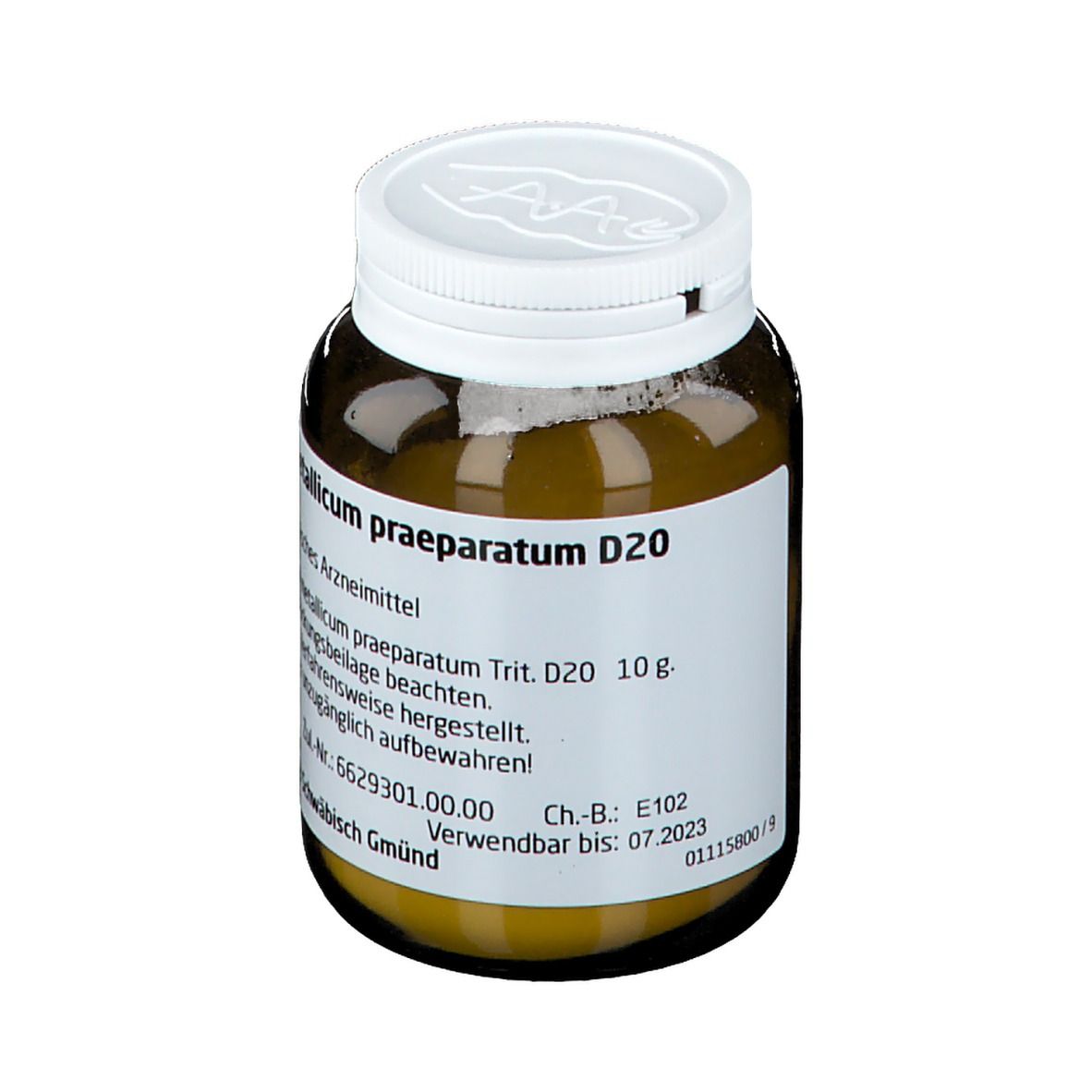 Braune Glasflasche mit weißem Deckel. Etikett mit Produktinformationen. Aufschrift: Aurum metallicum praeparatum D20.