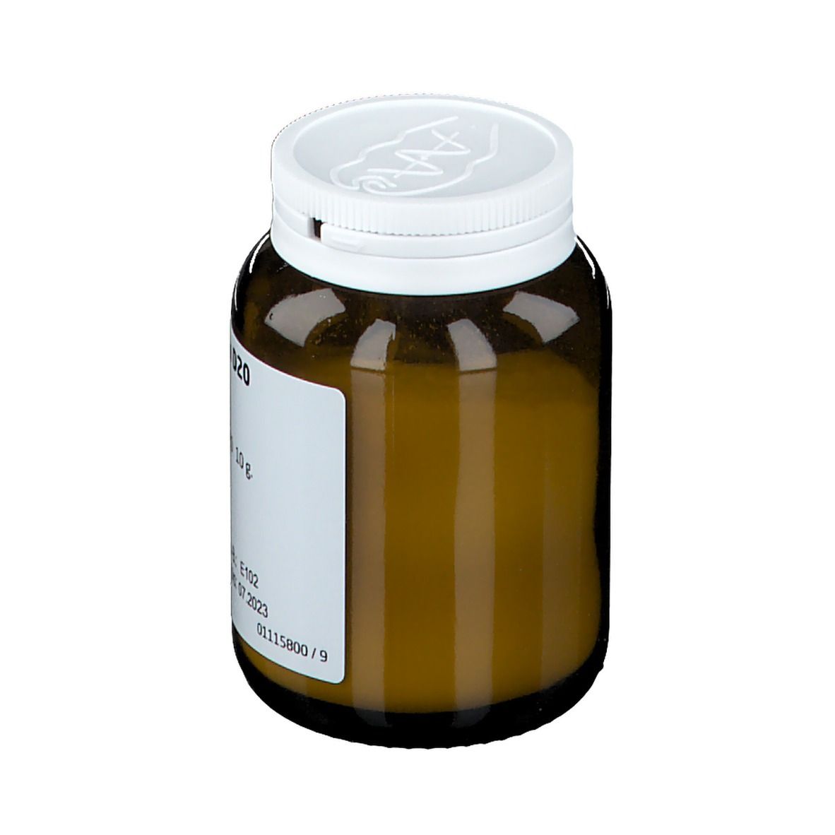 Braune Glasflasche mit weißem Deckel. Etikett mit Produktinformationen. Aufschrift: Aurum metallicum praeparatum D20.