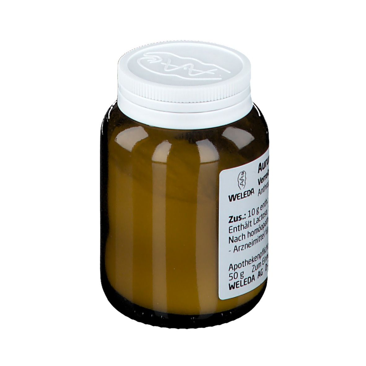 Braune Glasflasche mit weißem Deckel. Etikett mit Produktinformationen. Aufschrift: Aurum metallicum praeparatum.