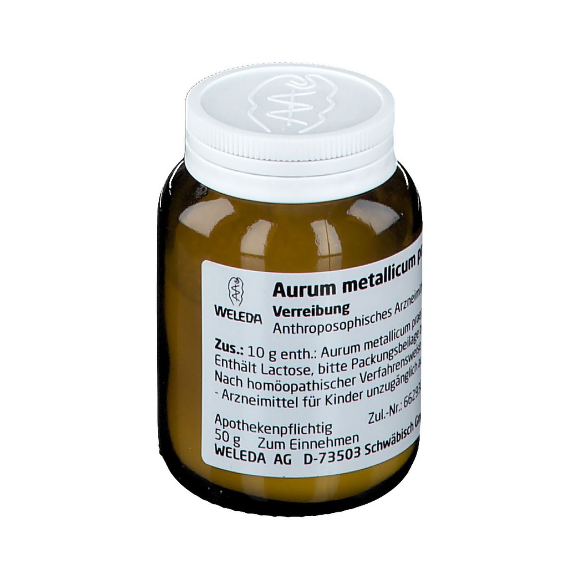 Braune Glasflasche mit weißem Deckel. Etikett mit Produktinformationen. Aufschrift: Aurum metallicum praeparatum.