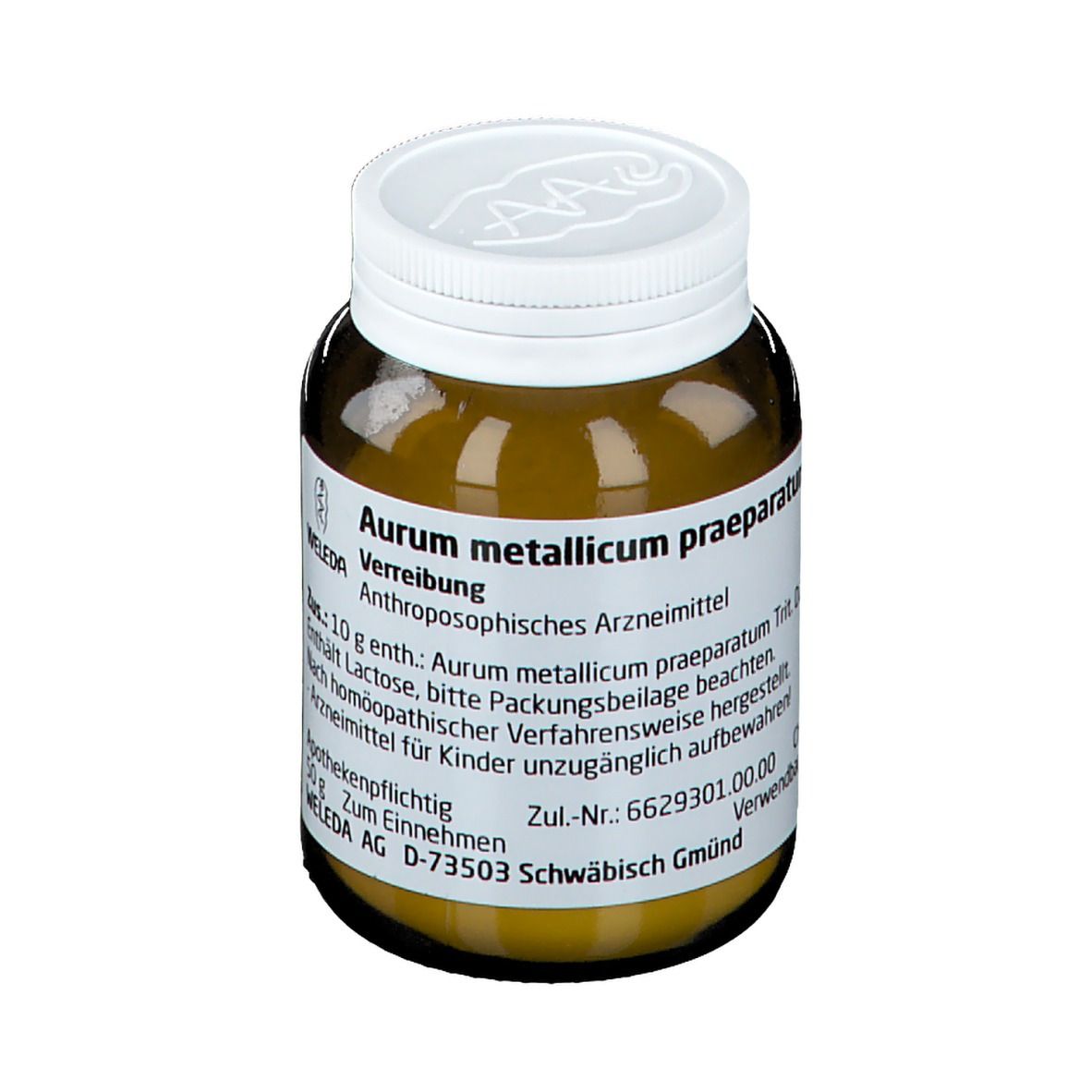 Braune Glasflasche mit weißem Deckel. Etikett mit Produktinformationen. Aufschrift: Aurum metallicum praeparatum.