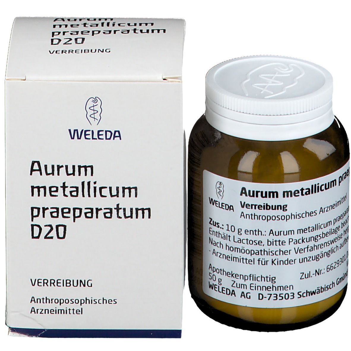 Braune Glasflasche und Karton. Aufschrift: Aurum metallicum praeparatum D20. Weleda Logo. Anthroposophisches Arzneimittel.