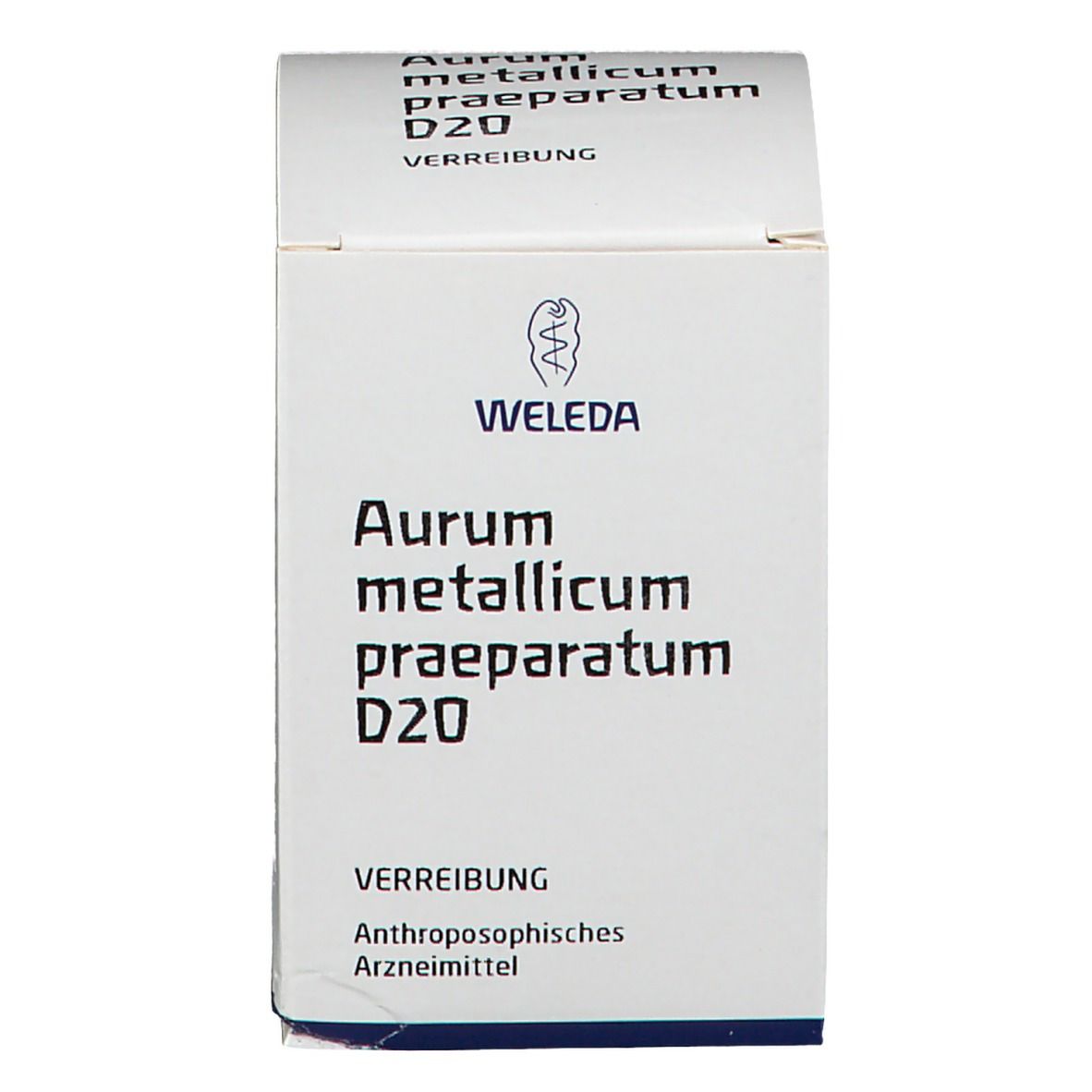 Weiße Schachtel mit Aufschrift: Aurum metallicum praeparatum D20. Weleda Logo. Anthroposophisches Arzneimittel.