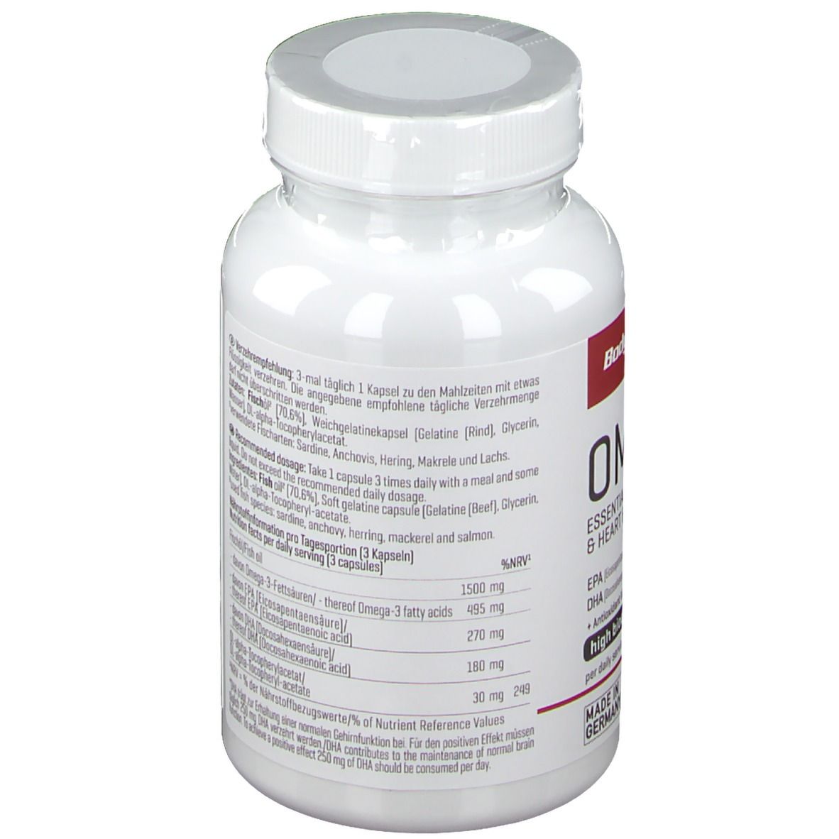 Rückseite der weißen Flasche mit Omega-3-Kapseln. Textinformationen, Inhaltsstoffe und Herstellerangaben. 90 Kapseln.