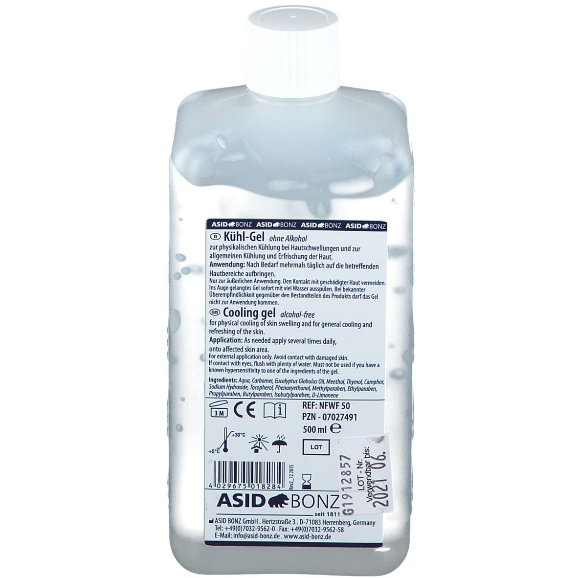 Kühl-Gel Flasche. Weißer Deckel, transparente Flüssigkeit. Text: Kühl-Gel, ohne Alkohol, 500 ml, ASID BONZ. Haltbarkeit 2021.06.