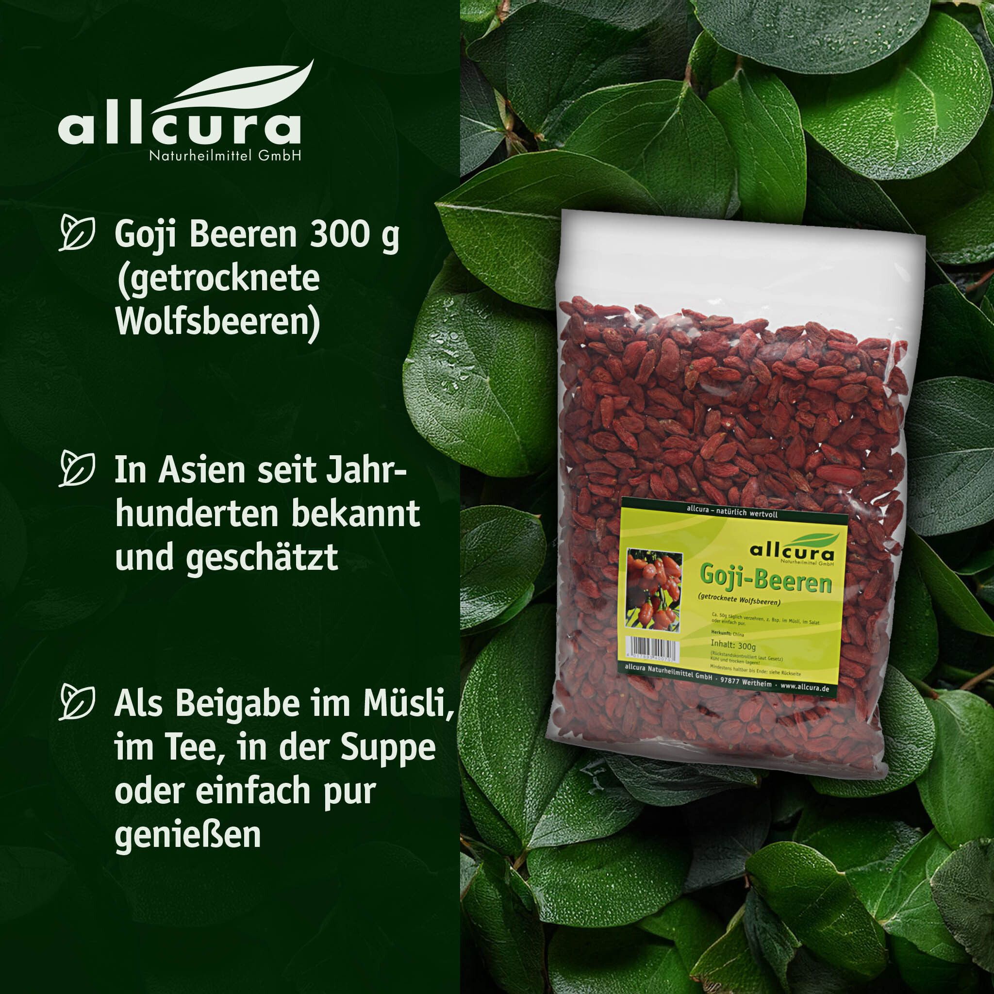 Gojibeeren in transparenter Verpackung, umgeben von Blättern. Text: Goji-Beeren, 300g, in Asien bekannt, als Beigabe.