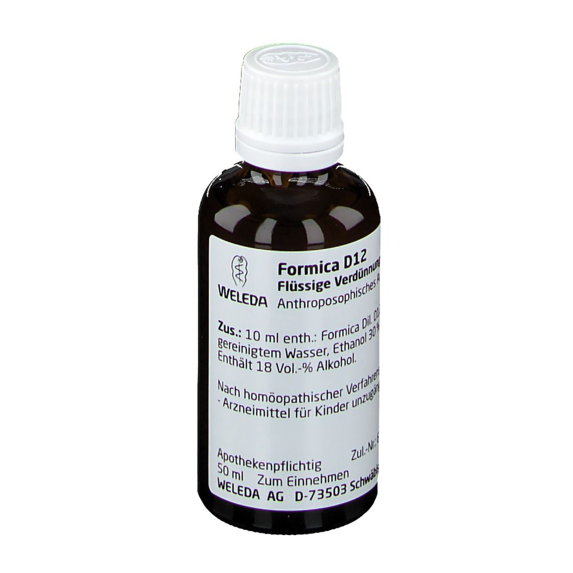 Braune Glasflasche mit weißem Deckel. Beschriftung: Formica D12, Flüssige Verdünnung, Weleda. Apothekenpflichtig.