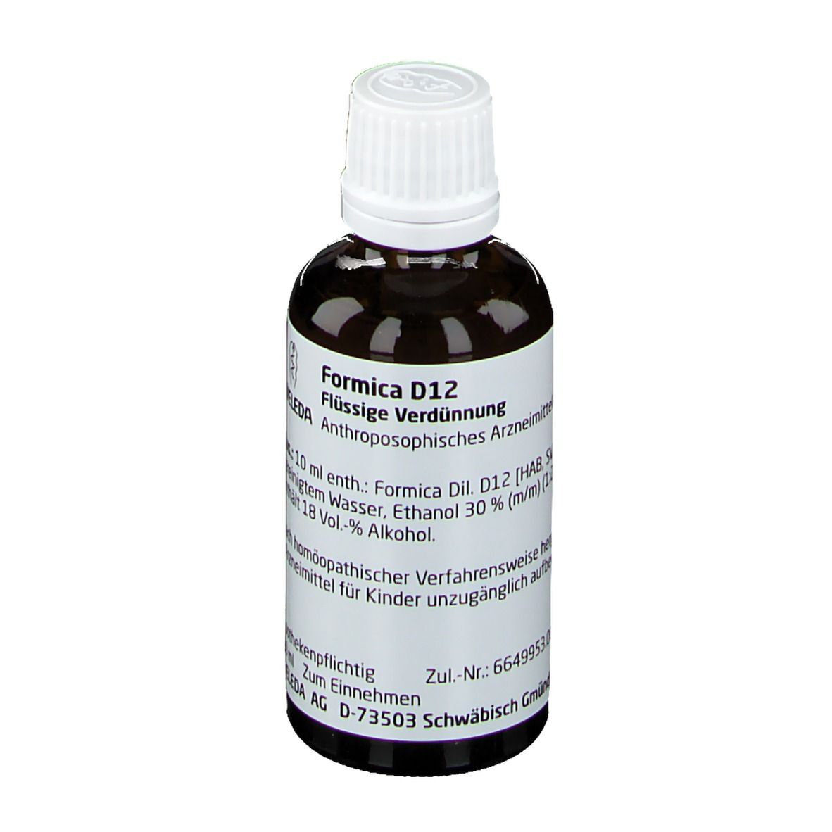 Braune Glasflasche mit weißem Deckel. Beschriftung: Formica D12, Flüssige Verdünnung, Weleda. Apothekenpflichtig.