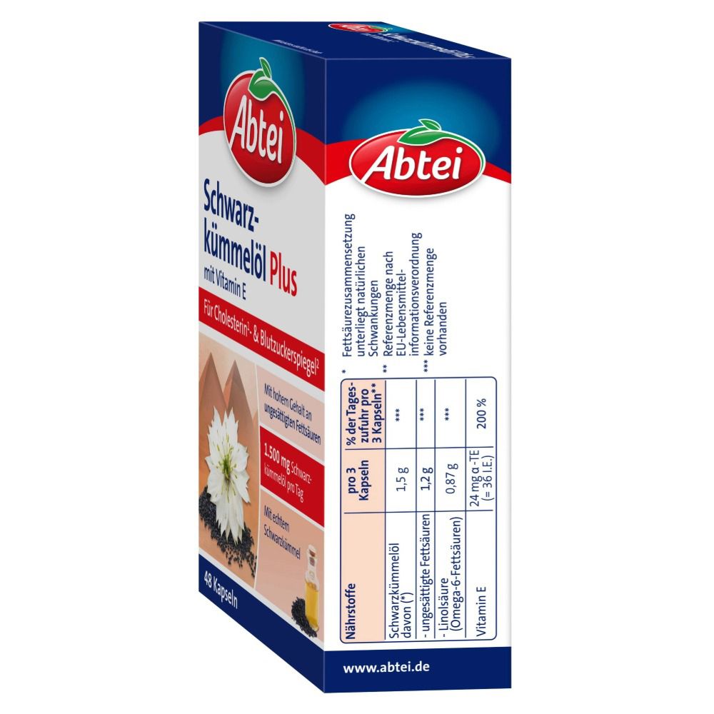 Abtei Schwarzkümmelöl Plus, Seitenansicht der Verpackung. Nährwertangaben. Enthält Vitamin E. 48 Kapseln.