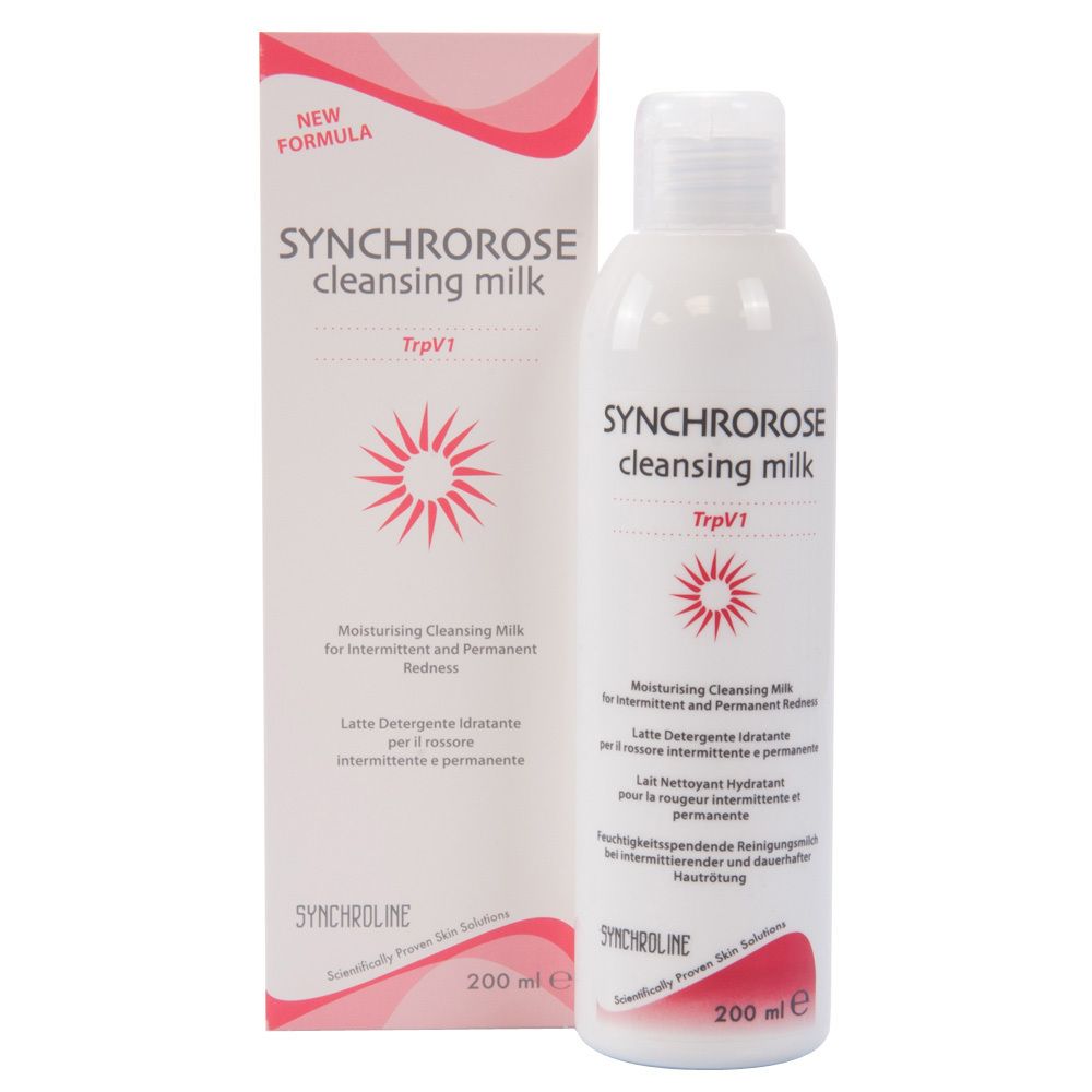 Reinigungsmilch Synchroline Synchrorose, Flasche und Verpackung. Text: „NEW FORMULA“. 200 ml.