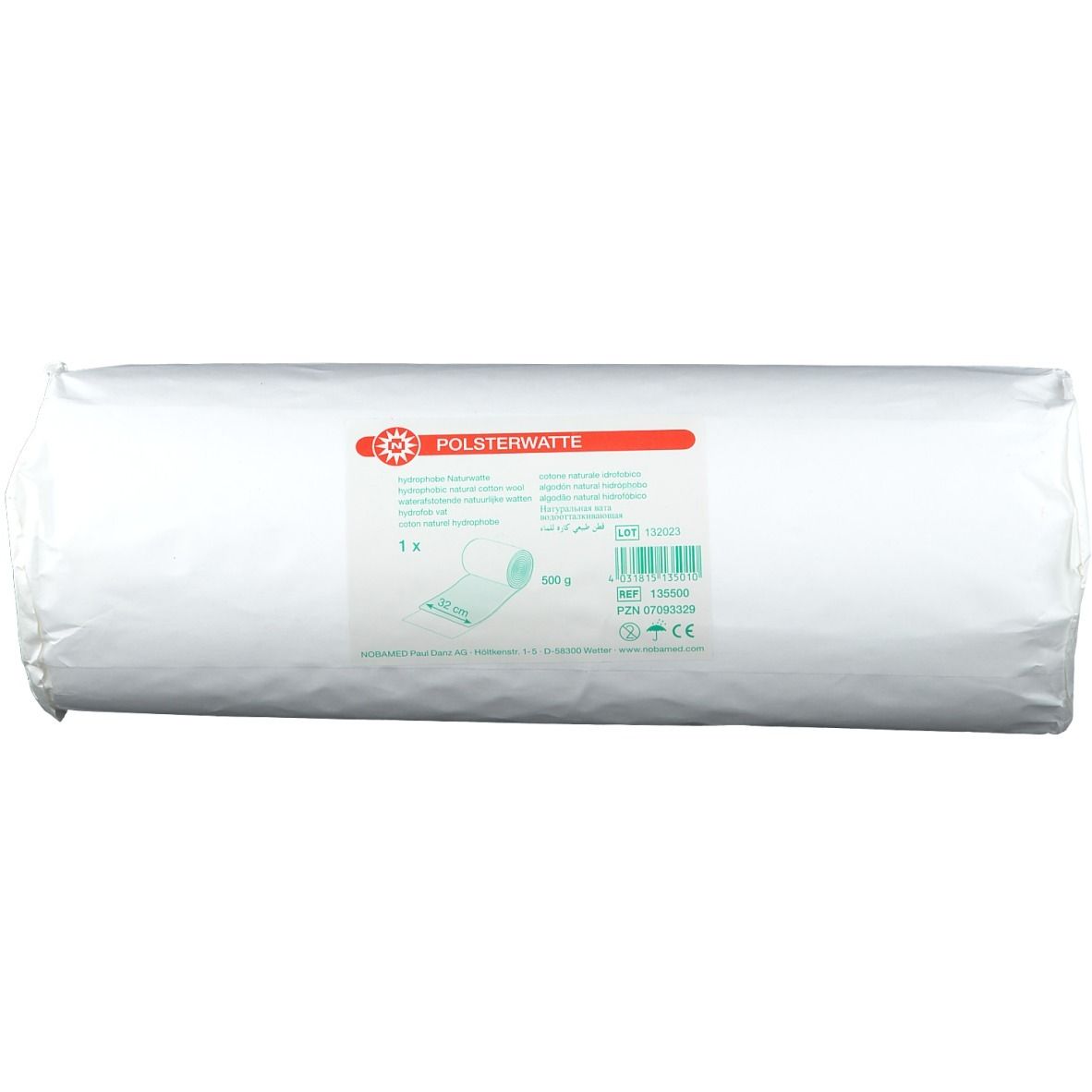 Gerollte Polsterwatte in weißer Verpackung. Aufdruck mit Produktname und Informationen. CE-Kennzeichnung.