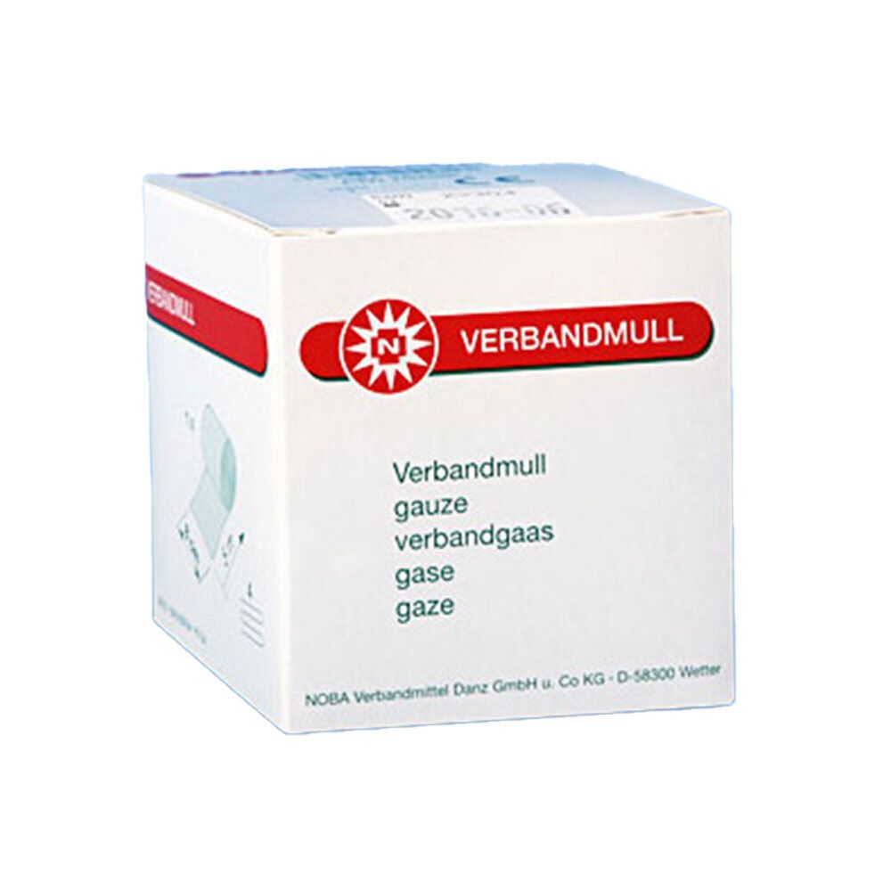 Verbandmull-Box. Aufschrift: VERBANDMULL, Gaze, verbandgaas, gaze, gaze. Logo mit rotem Rahmen und Stern.