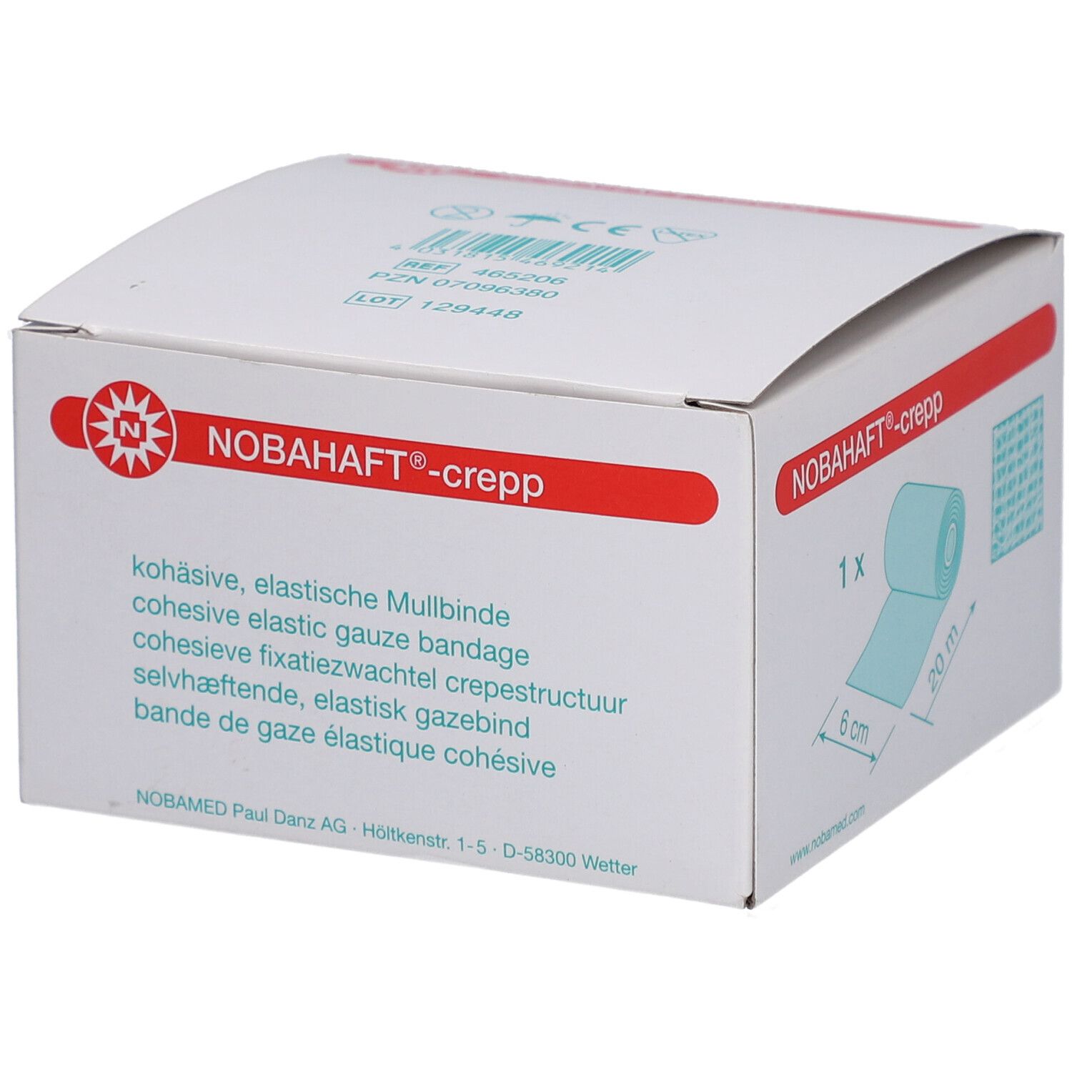 Verpackung von NOBAHAFT®-crepp. Aufdruck: kohäsive, elastische Mullbinde. Abbildung: Rolle, 6 cm x 20 m. Hersteller: NOBAMED Paul Danz AG.