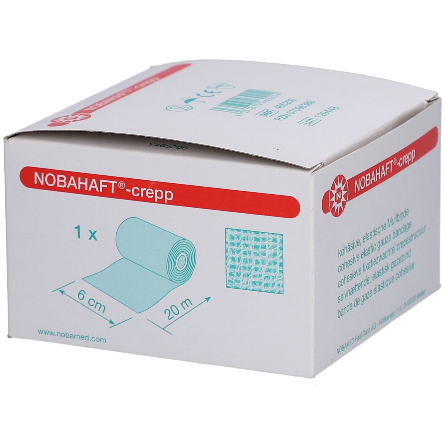 Verpackung von NOBAHAFT®-crepp. Aufdruck: kohäsive, elastische Mullbinde. Abbildung: Rolle, 6 cm x 20 m. Hersteller: NOBAMED Paul Danz AG.