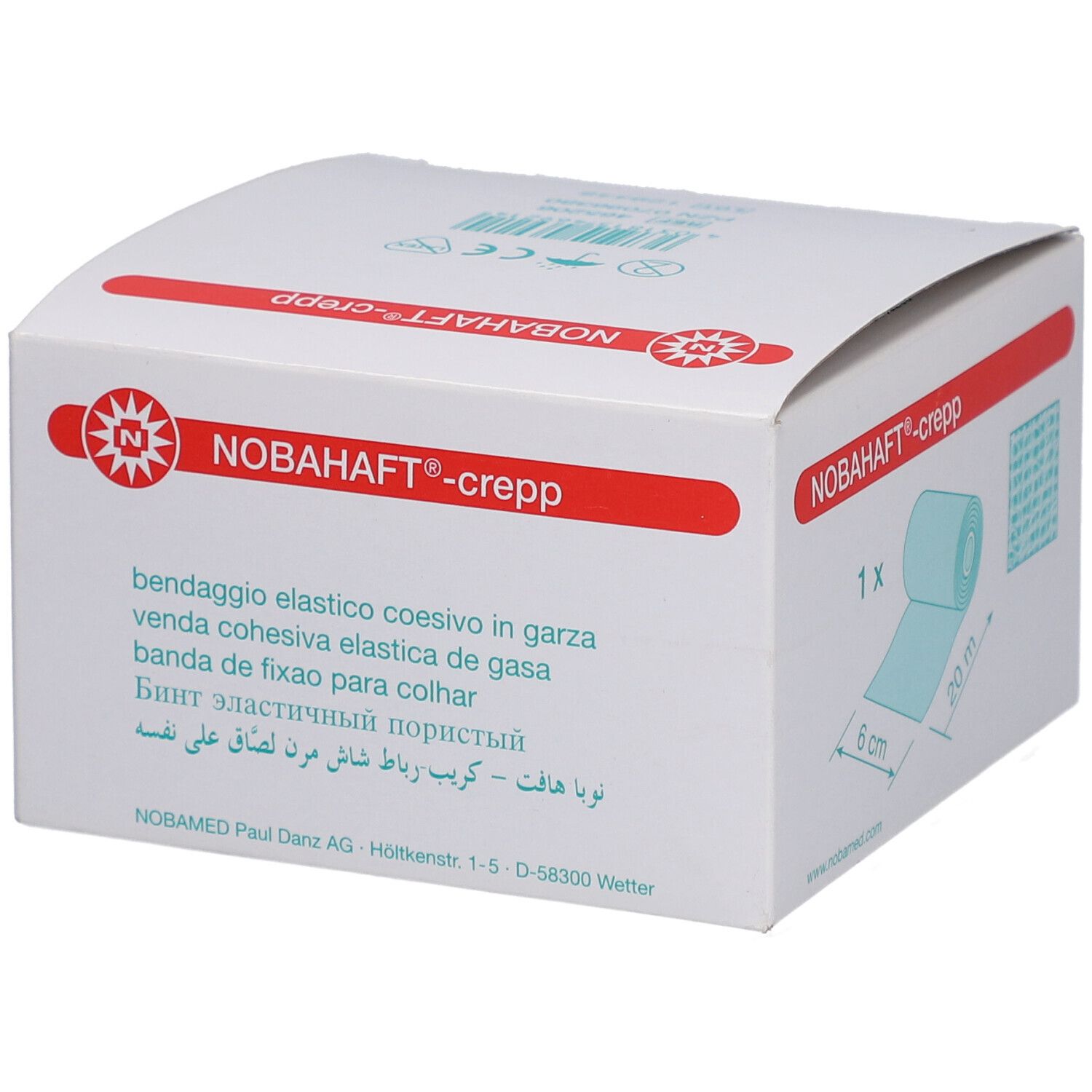 Verpackung von NOBAHAFT®-crepp. Aufdruck: kohäsive, elastische Mullbinde. Abbildung: Rolle, 6 cm x 20 m. Hersteller: NOBAMED Paul Danz AG.