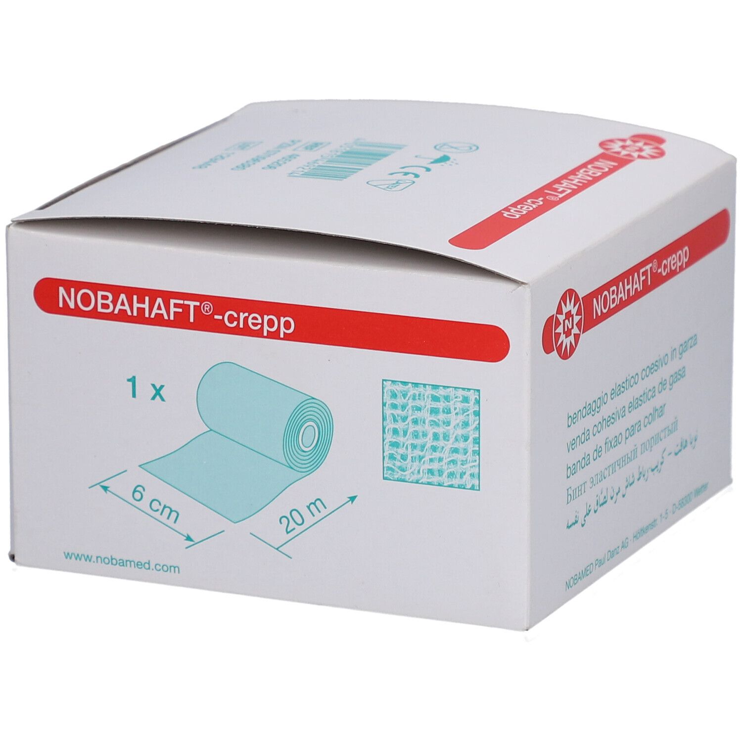 Verpackung von NOBAHAFT®-crepp. Aufdruck: kohäsive, elastische Mullbinde. Abbildung: Rolle, 6 cm x 20 m. Hersteller: NOBAMED Paul Danz AG.