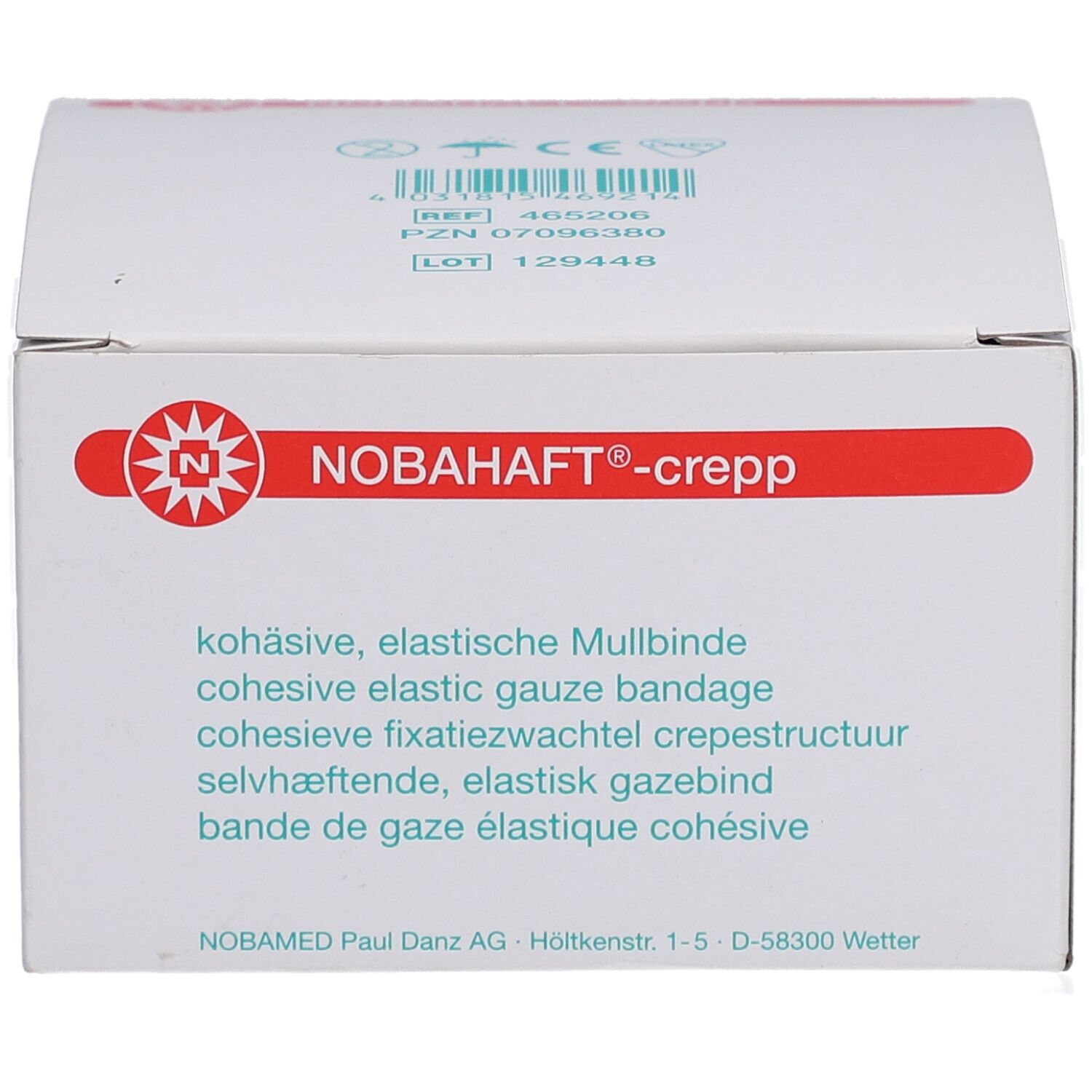 Verpackung von NOBAHAFT®-crepp. Aufdruck: kohäsive, elastische Mullbinde. Hersteller: NOBAMED Paul Danz AG. Produktinformationen.