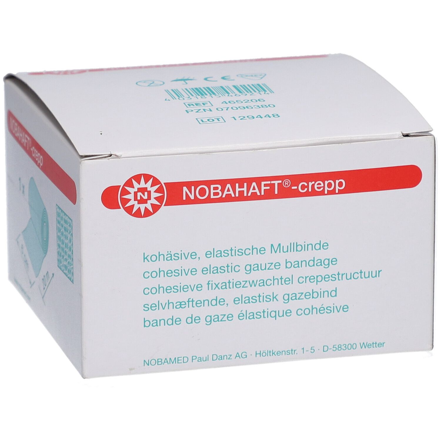Verpackung von NOBAHAFT®-crepp. Aufdruck: kohäsive, elastische Mullbinde. Hersteller: NOBAMED Paul Danz AG. Produktinformationen.