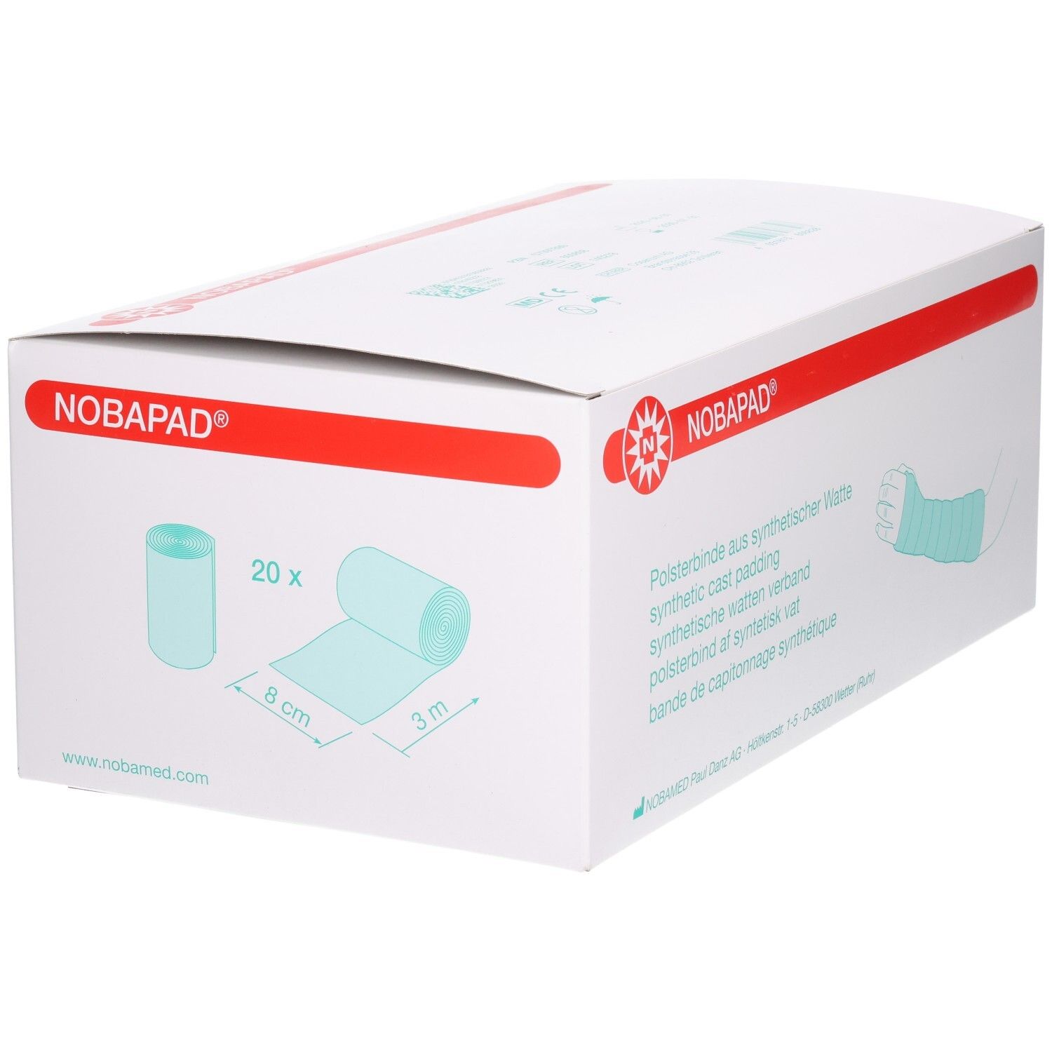 Verpackung NOBAPAD. Abbildung von 20 Polsterbinden, 3m x 8cm. Text: Polsterbinde aus synthetischer Watte.