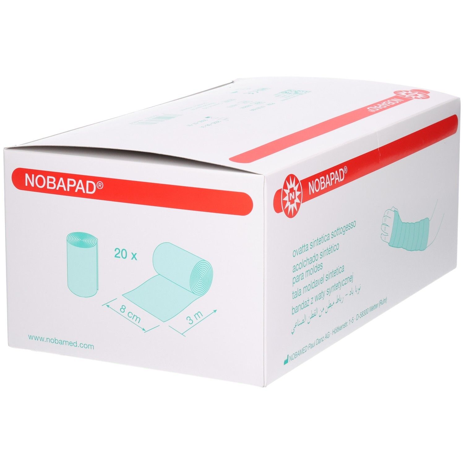 Verpackung NOBAPAD. Abbildung von 20 Polsterbinden, 3m x 8cm. Text: Ovatta sintetica sottogesso.