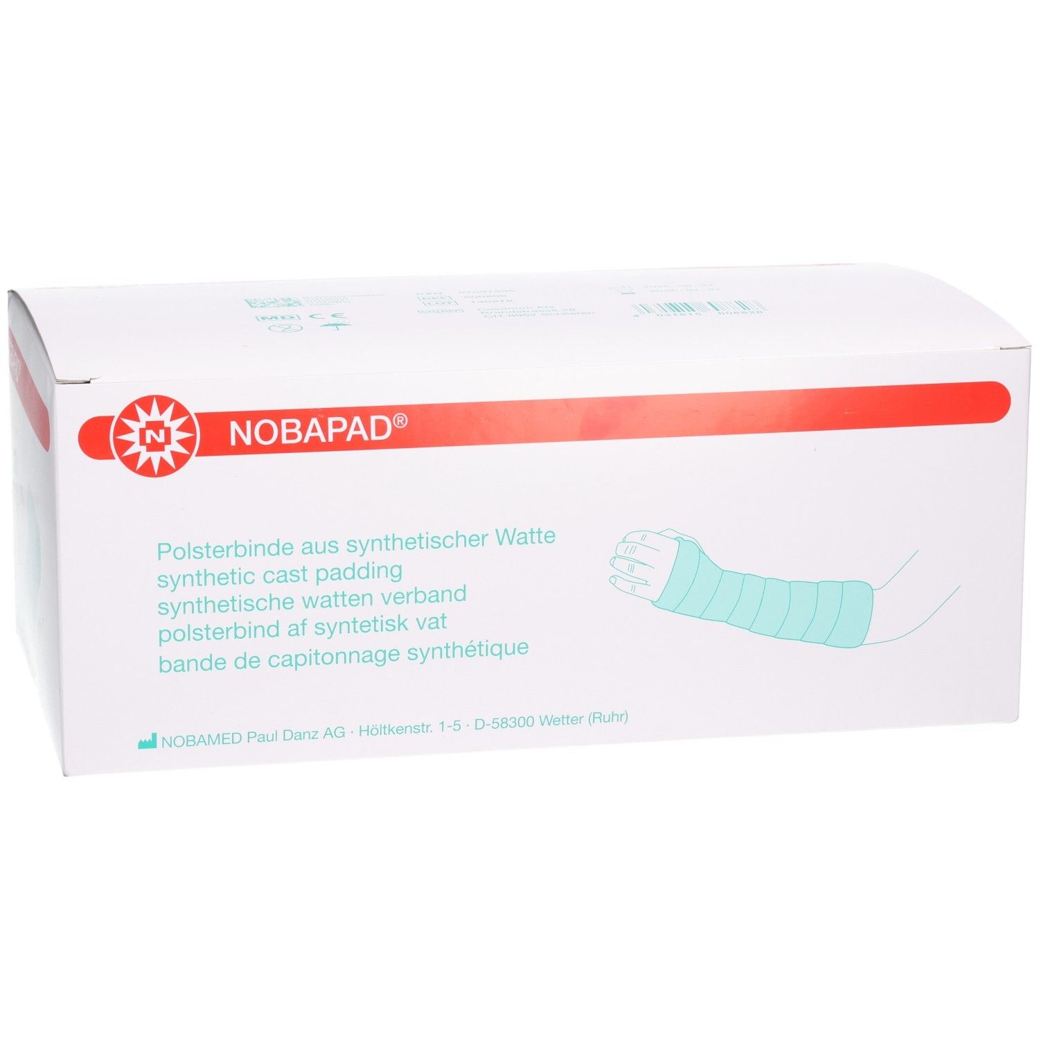 Verpackung NOBAPAD. Illustration eines Arms mit Verband. Text: Polsterbinde aus synthetischer Watte.