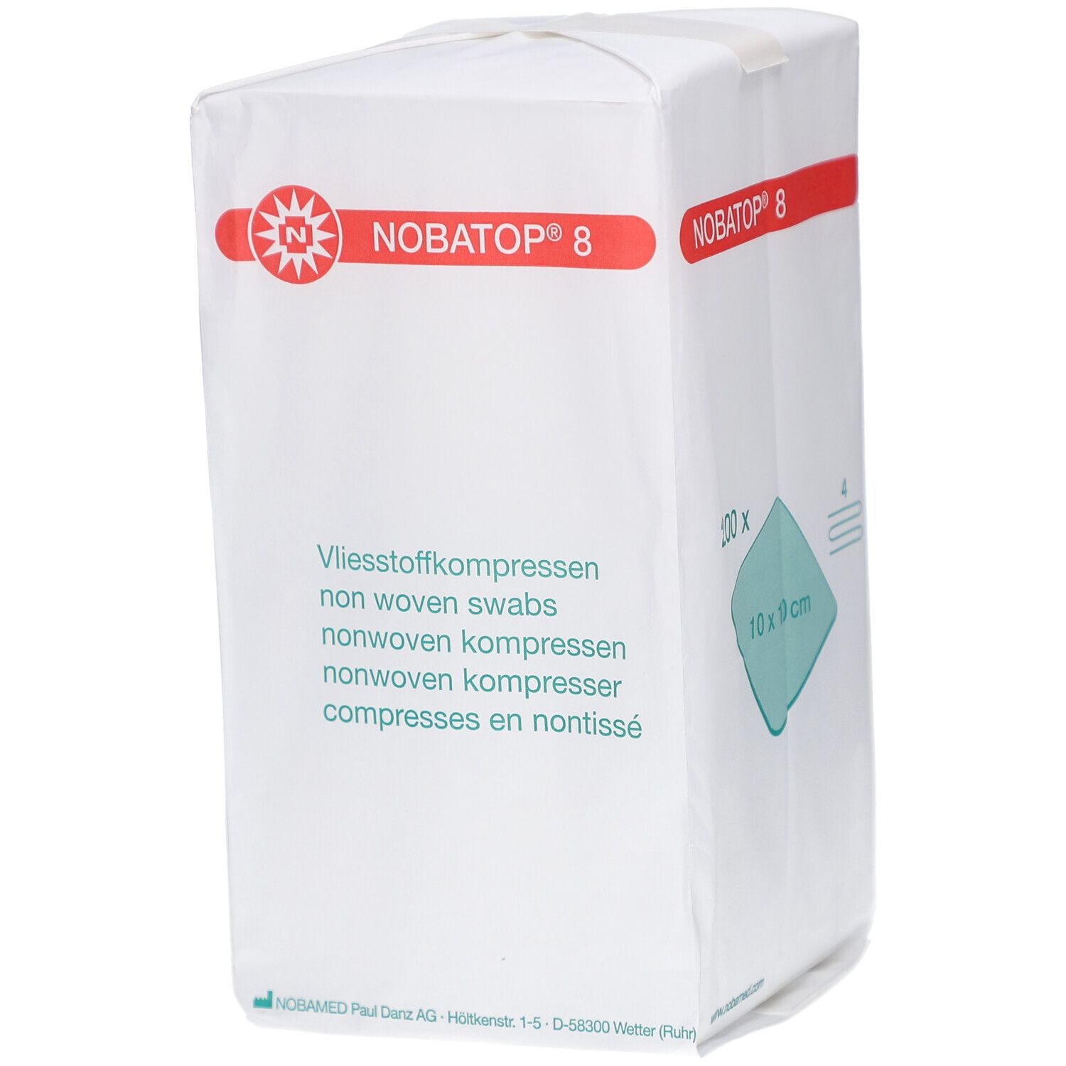 Verpackung mit Kompressen. Aufschrift: NOBATOP 8, 10 x 10 cm. Weißes Paket mit roter und grüner Beschriftung.