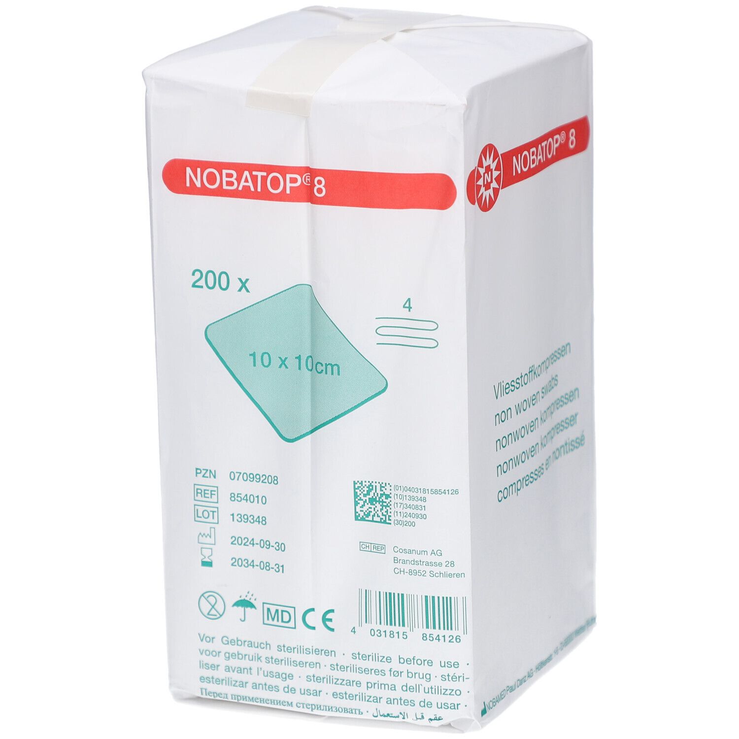 Verpackung mit Kompressen. Aufschrift: NOBATOP 8, 200 Stück, 10 x 10 cm. Weißes Paket mit roter und grüner Beschriftung.