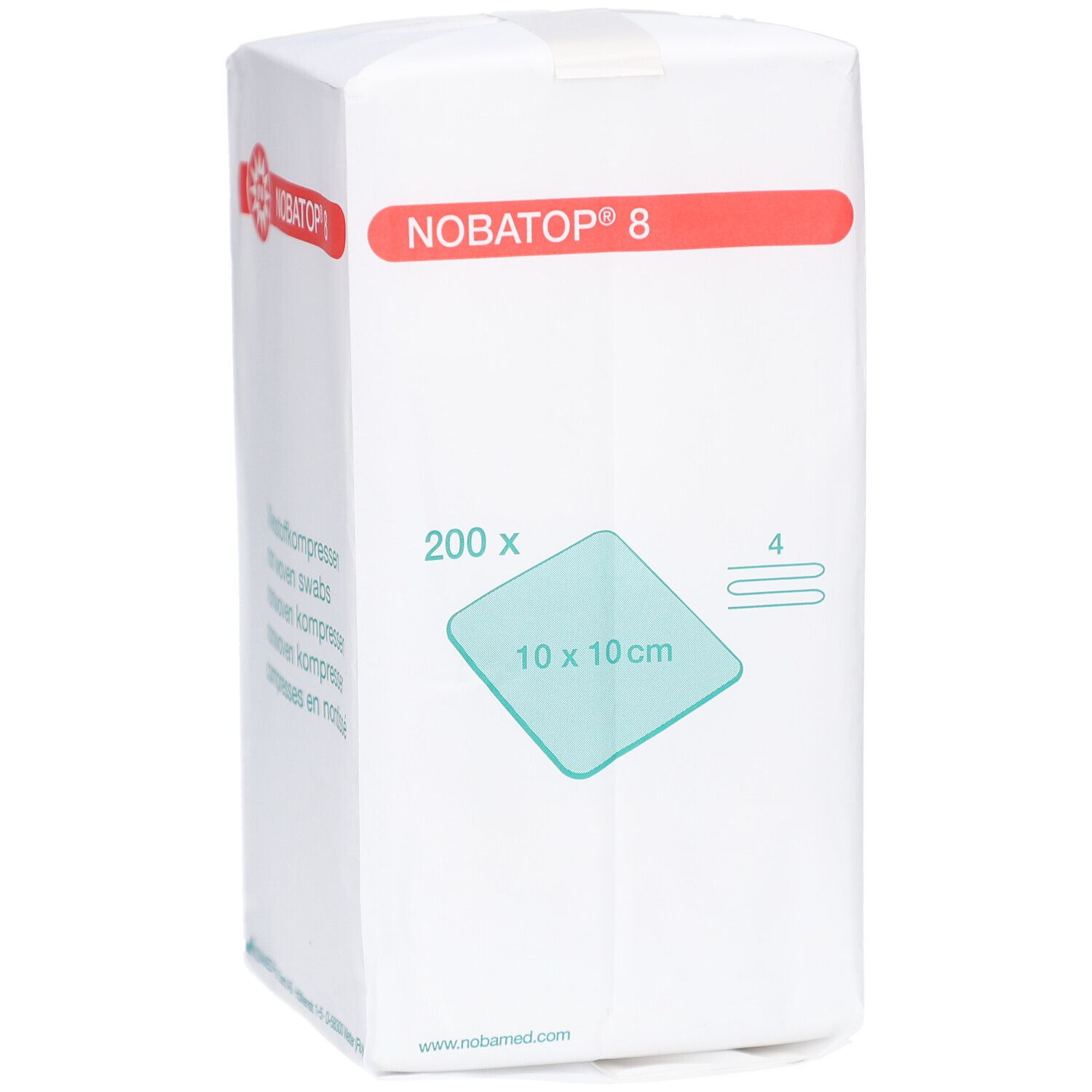 Verpackung mit Kompressen. Aufschrift: NOBATOP 8, 200 Stück, 10 x 10 cm. Weißes Paket mit roter und grüner Beschriftung.