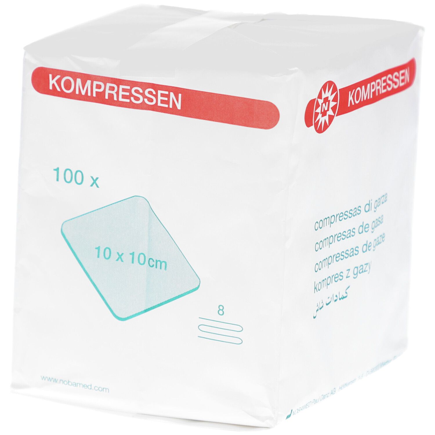 Verpackung mit Kompressen. Aufdruck: 100 x, 10 x 10 cm, 8-lagig. Roter Streifen mit Schriftzug KOMPRESSEN.