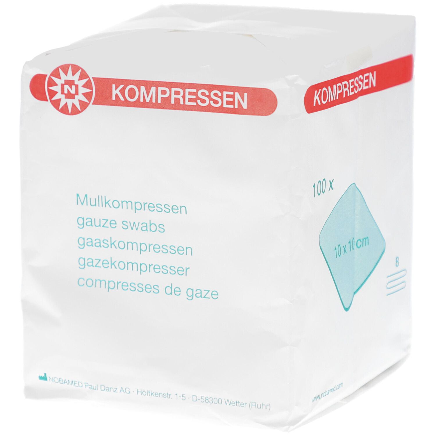 Verpackung mit Kompressen. Aufdruck: Mullkompressen, 100 x, 10 x 10 cm, 8-lagig. Roter Streifen mit Schriftzug KOMPRESSEN.