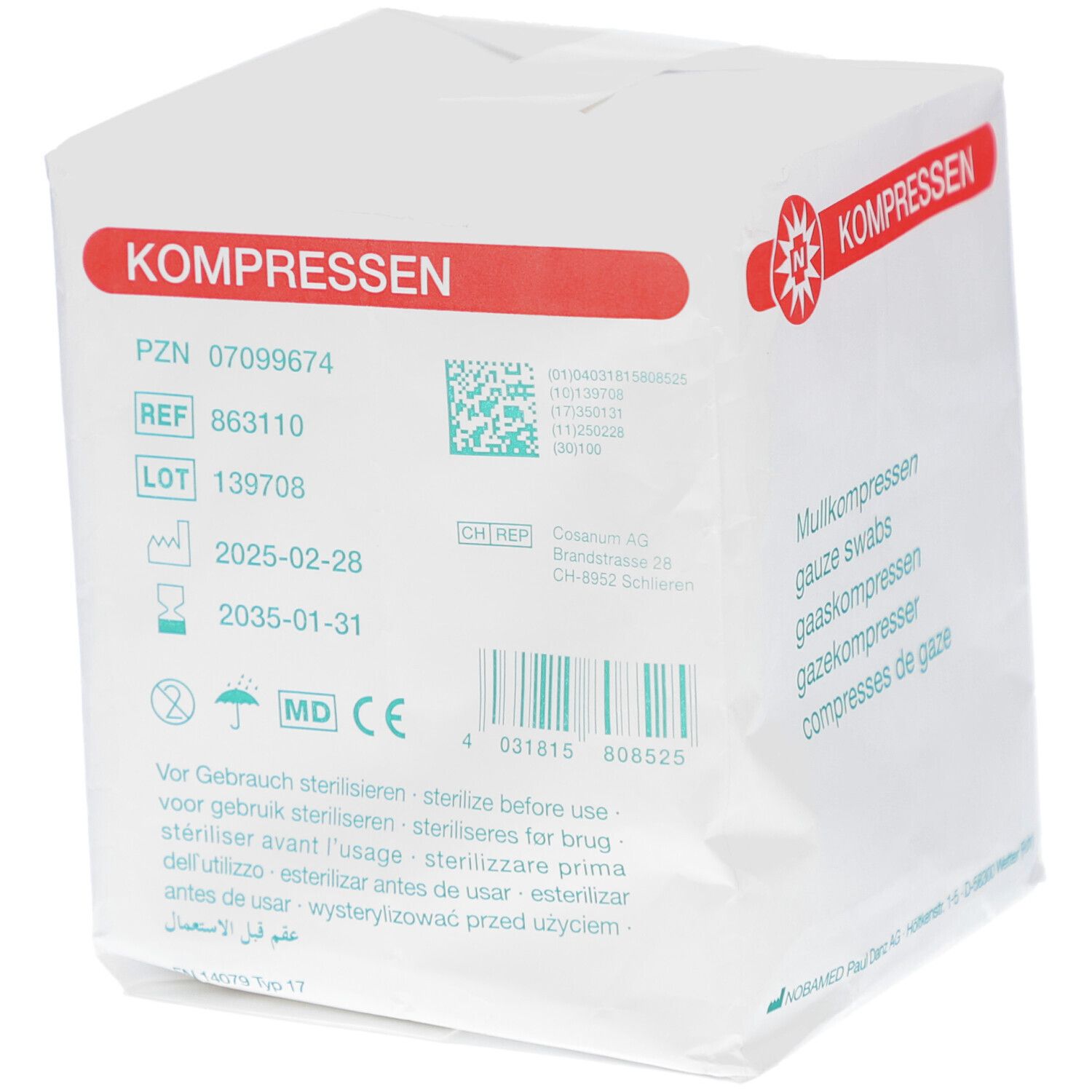 Verpackung mit Kompressen. Aufdruck: PZN, REF, LOT, Haltbarkeitsdatum. Roter Streifen mit Schriftzug KOMPRESSEN. CE-Kennzeichnung.