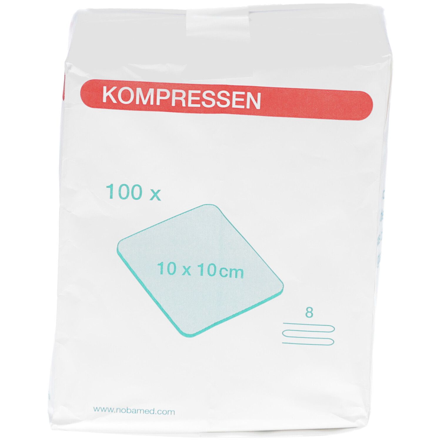 Verpackung mit Kompressen. Aufdruck: 100 x, 10 x 10 cm, 8-lagig. Roter Streifen mit Schriftzug KOMPRESSEN.