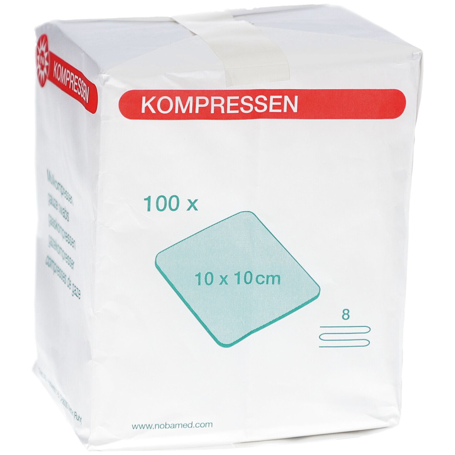 Verpackung mit Kompressen. Aufdruck: 100 x, 10 x 10 cm, 8-lagig. Roter Streifen mit Schriftzug KOMPRESSEN.