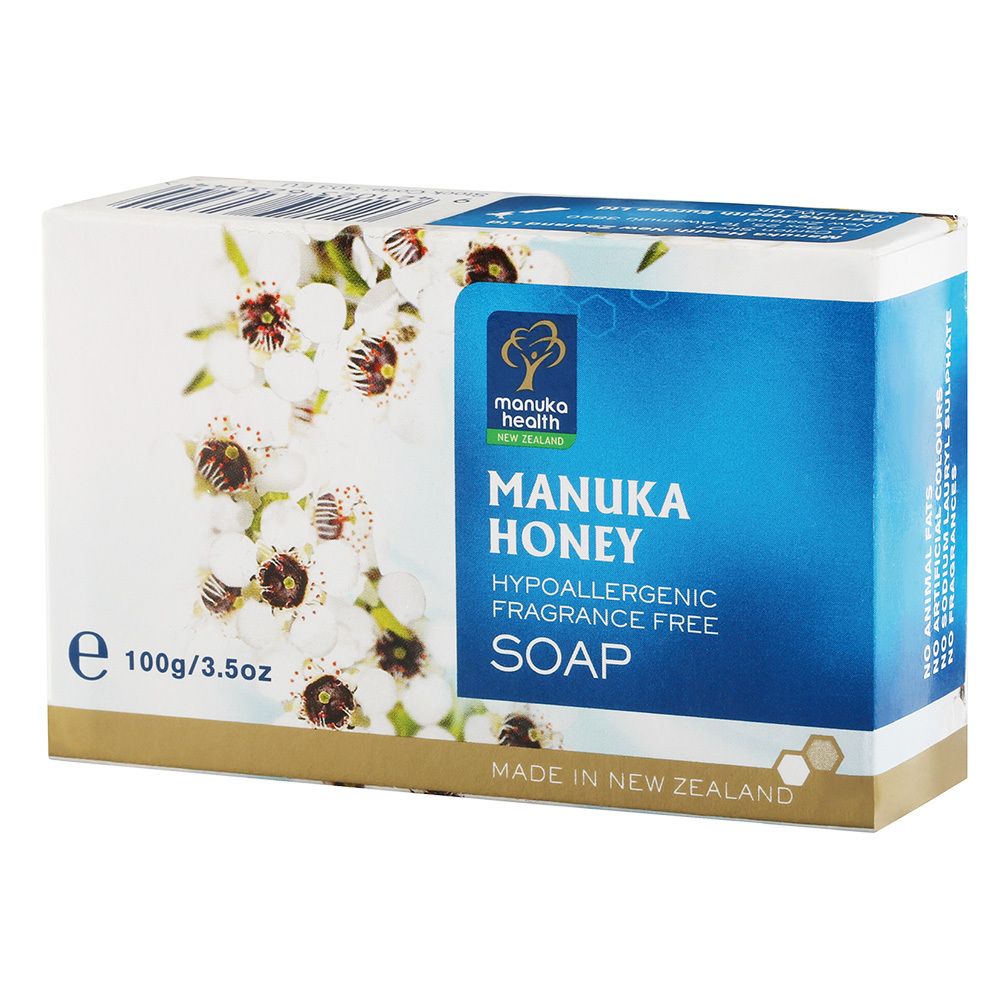 Verpackung mit Logo, Schriftzug 'Manuka Honey', 'Hypoallergenic Soap'. Blütenmuster. 'Made in New Zealand'.