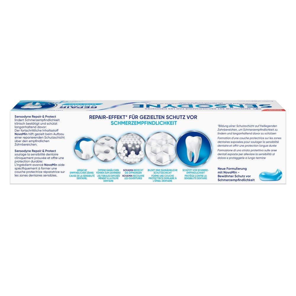 Sensodyne Repair & Protect Zahnpasta-Verpackung mit blauen und weißen Elementen.