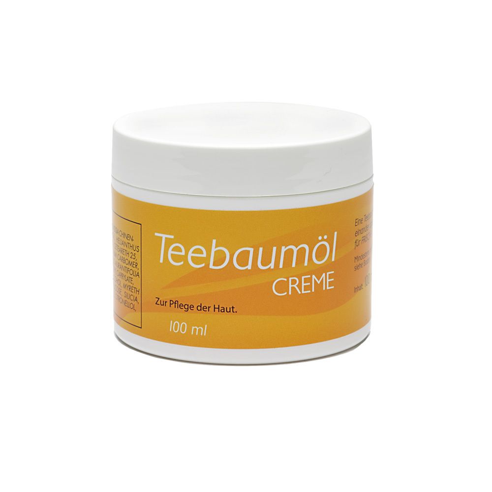 Creme-Dose mit weißem Deckel und gelbem Etikett. Aufschrift: Teebaumöl Creme. 100 ml.