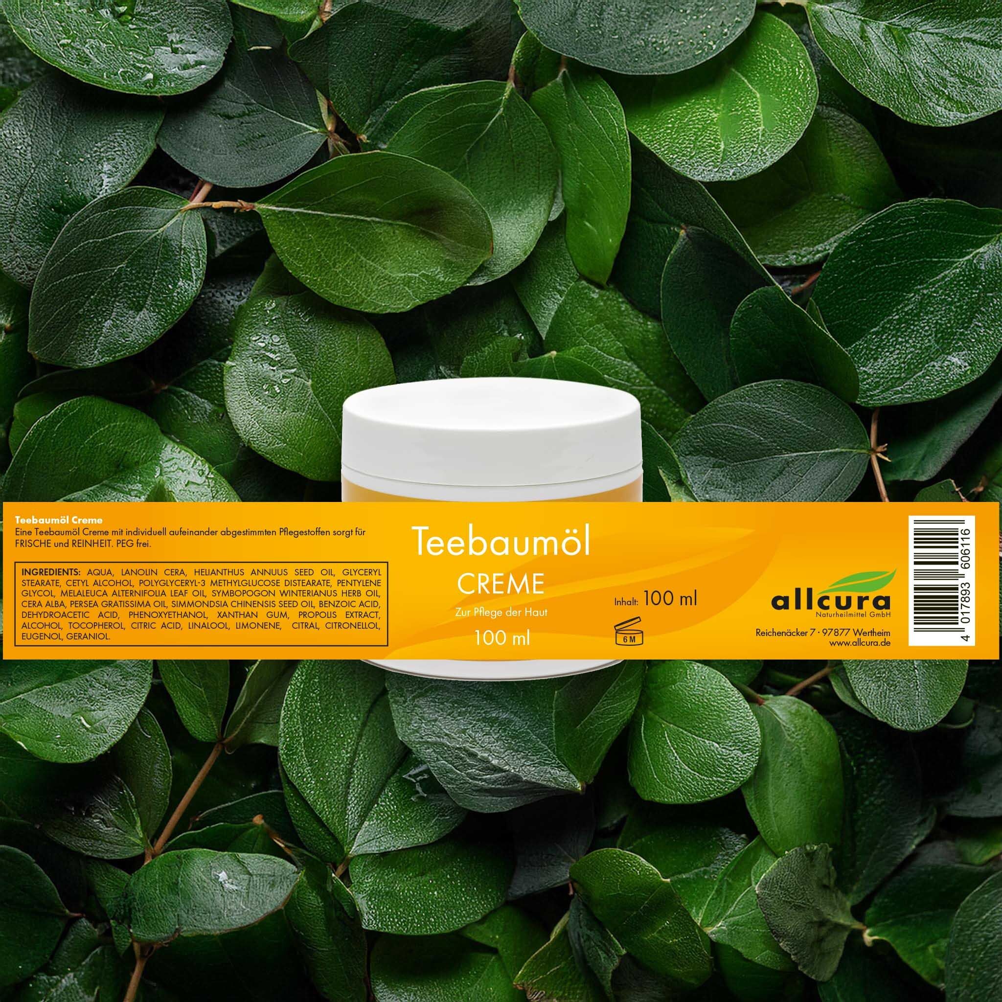 Produkt-Dose mit gelbem Etikett vor grünem Hintergrund. Aufschrift: Teebaumöl Creme, 100 ml. Inhaltsstoffe.
