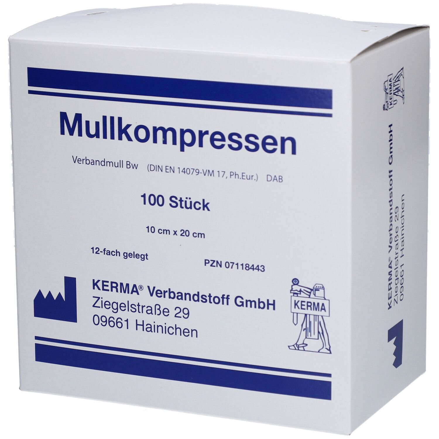 Verpackung mit Mullkompressen. 100 Stück, 10 cm x 20 cm. Marke: KERMA. Aufdrucke: Mullkompressen, 12-fach gelegt, PZN 07118443.