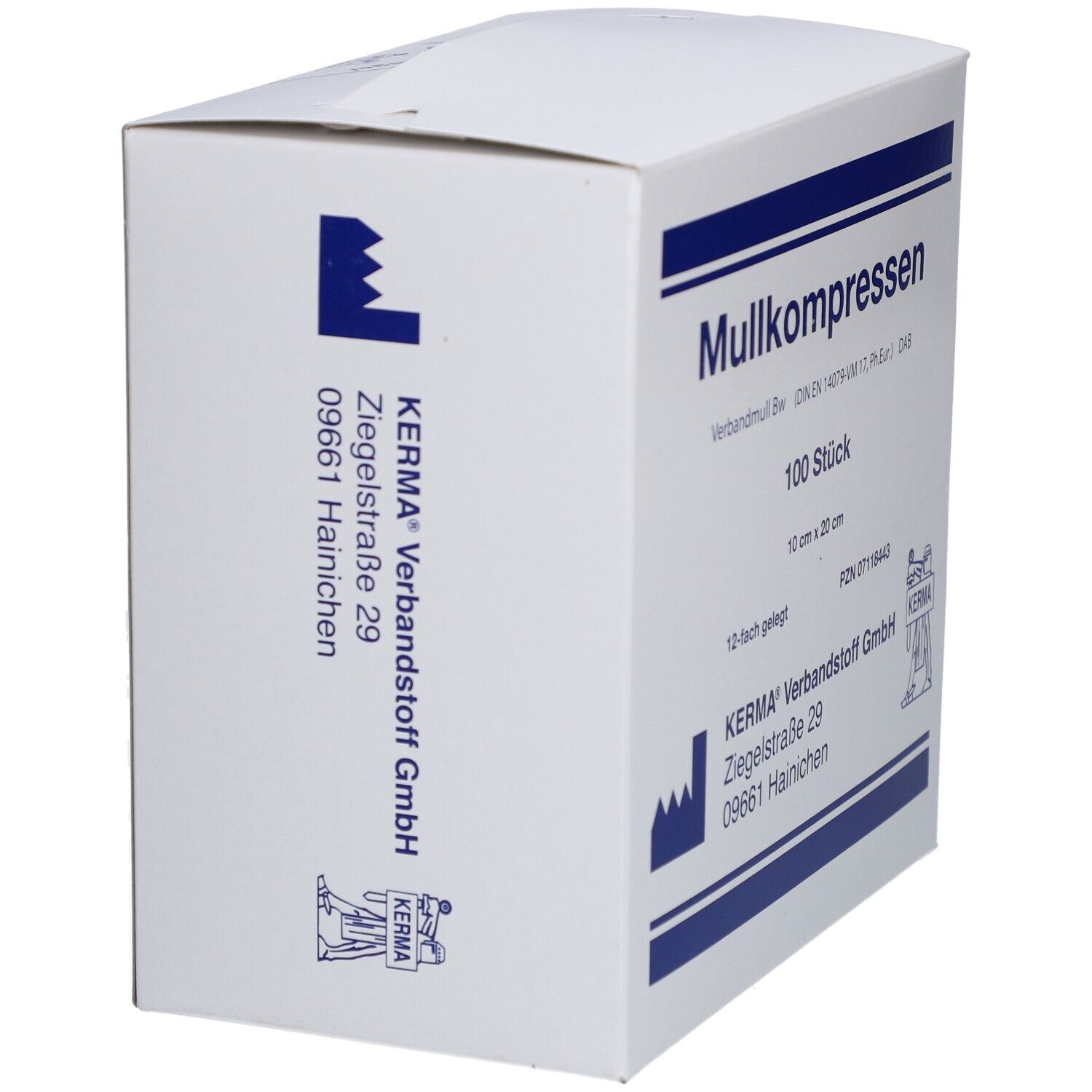 Verpackung mit Mullkompressen. Marke: KERMA. Aufdrucke: Mullkompressen, 100 Stück, 10 cm x 20 cm, 12-fach gelegt. Adresse: Ziegelstraße 29, 09661 Hainichen.