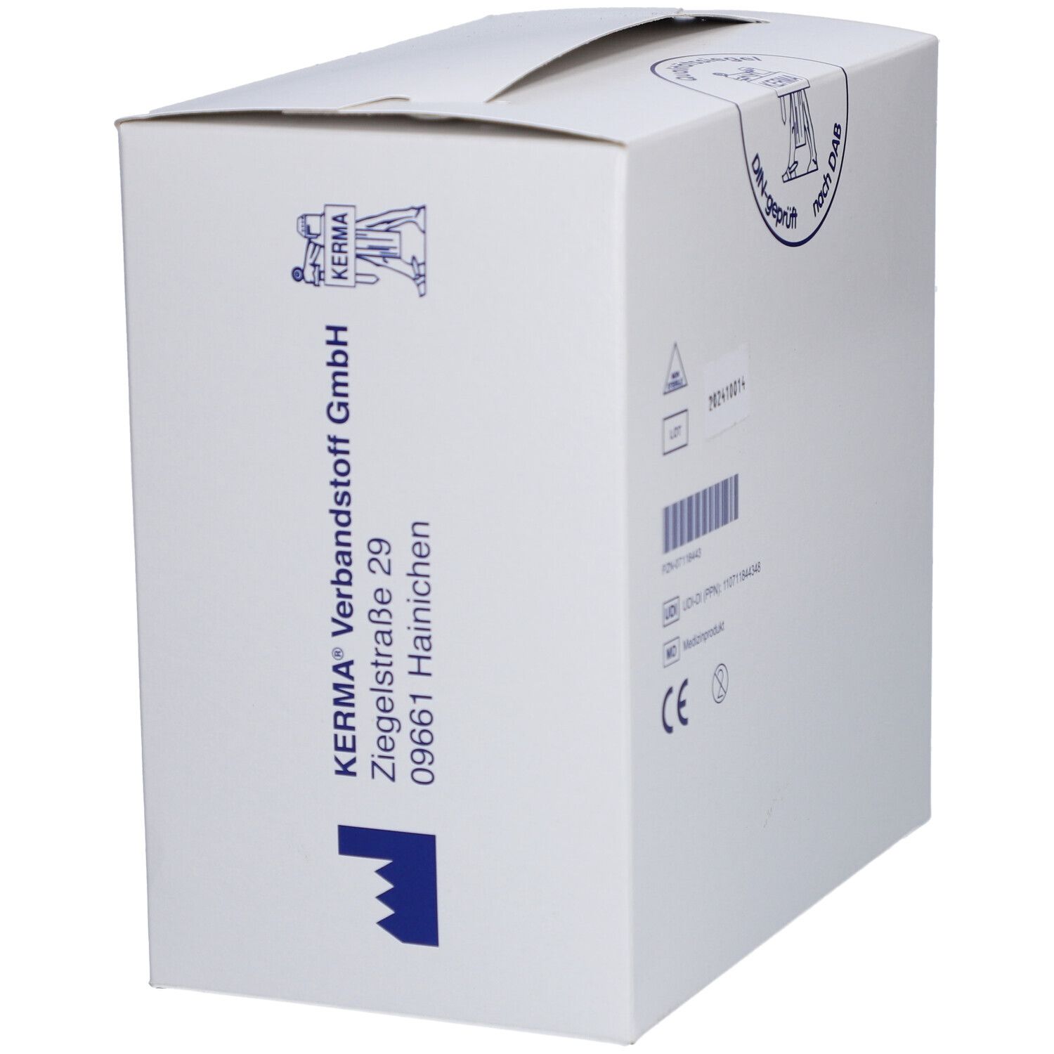 Verpackung mit Mullkompressen. Aufdrucke: Medizinprodukt, CE-Zeichen. Marke: KERMA. Adresse: Ziegelstraße 29, 09661 Hainichen. DIN-geprüft.