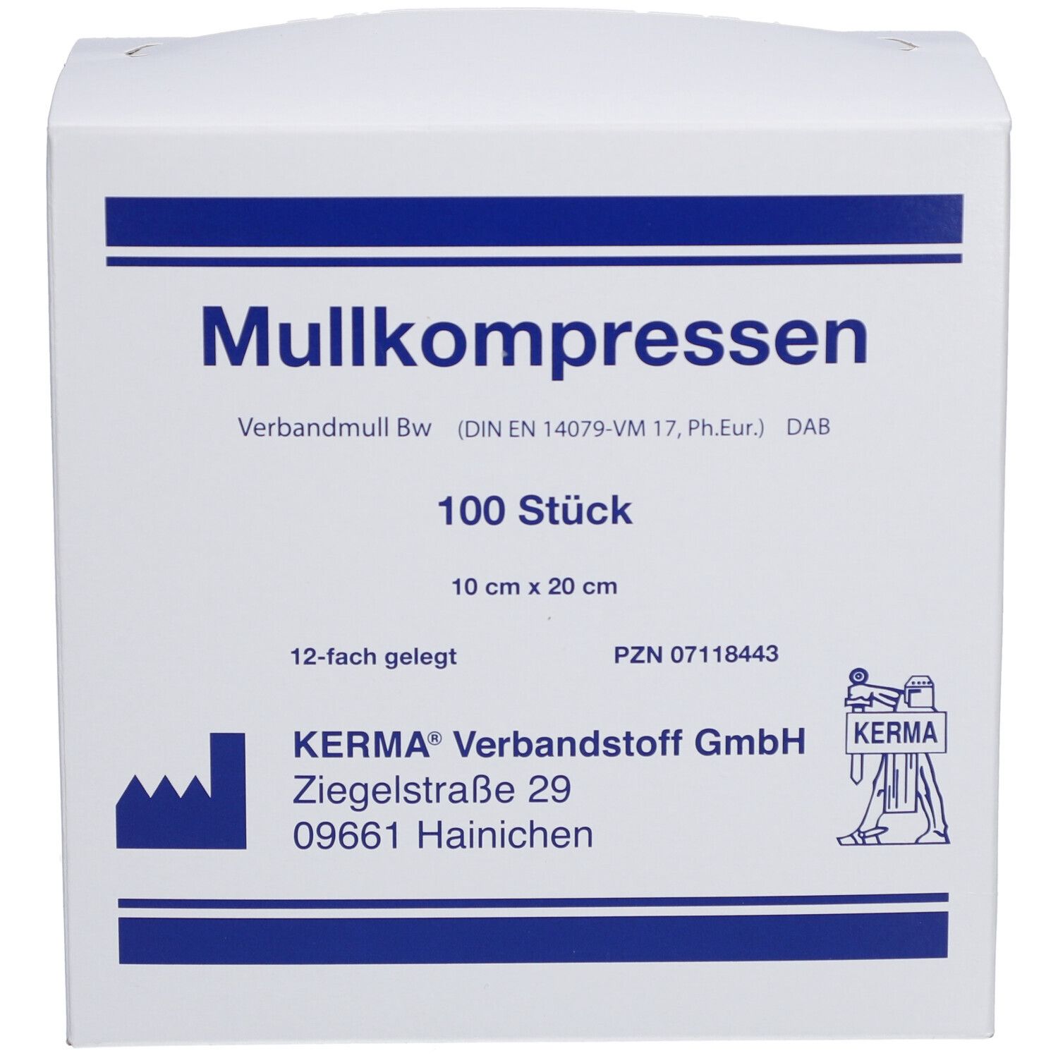 Verpackung mit Mullkompressen. 100 Stück, 10 cm x 20 cm. Aufdrucke: Mullkompressen, 12-fach gelegt, PZN 07118443. Marke: KERMA. Adresse: Ziegelstraße 29, 09661 Hainichen.
