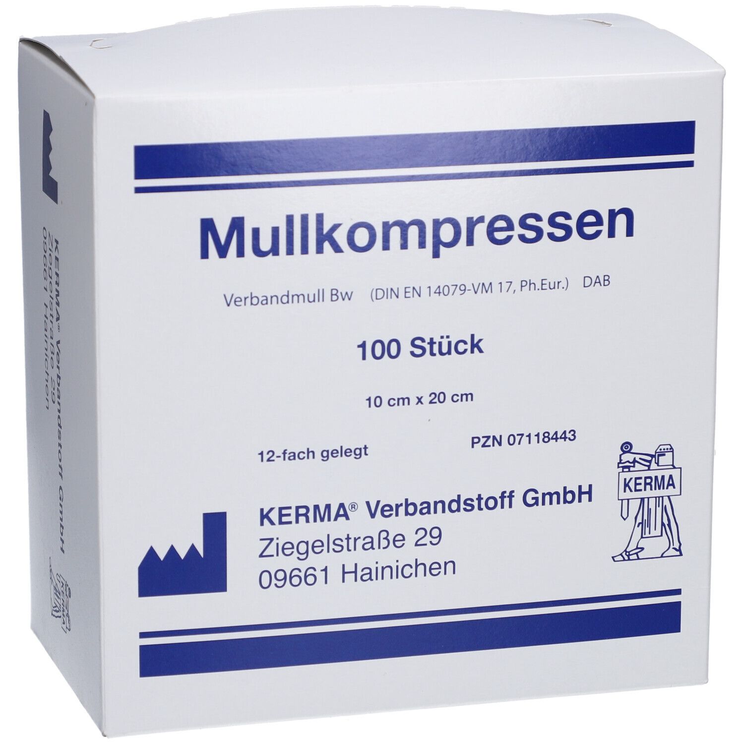Verpackung mit Mullkompressen. Aufdrucke: Mullkompressen, 100 Stück, 10 cm x 20 cm, 12-fach gelegt. Marke: KERMA. Adresse: Ziegelstraße 29, 09661 Hainichen.